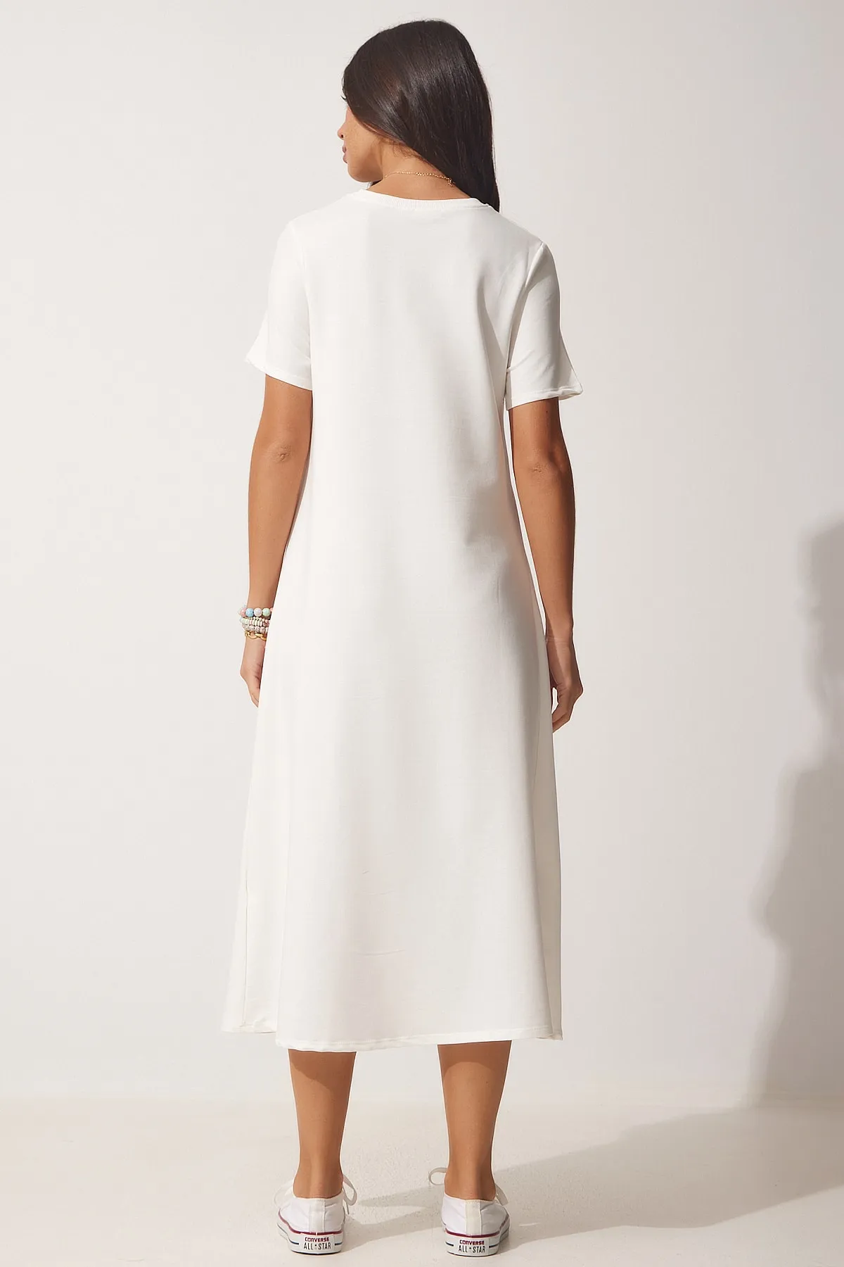 Happiness İstanbul  Ecrufarbenes A-Linien-Sommerkleid aus gekämmter Baumwolle für Damen UB00060