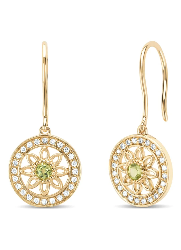 Diamond Point Yellow gold earrings, 0.15 ct peridot, Birthstones