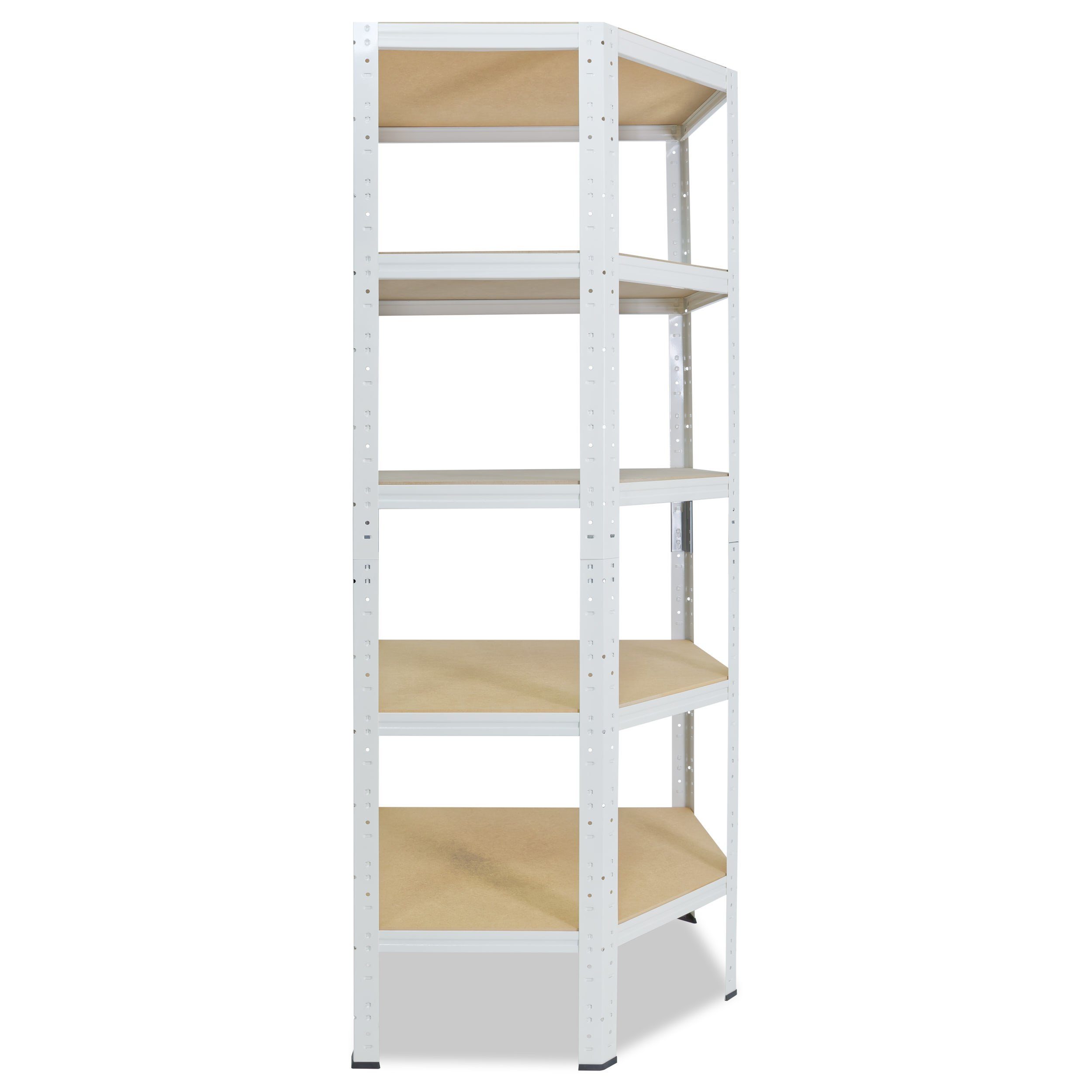 shelfplaza Eckregal HOME, 180x70x45cm weiß, Metall Eckregal stehend mit 5 Böden, Corner Shelf 175kg Tragkraft Schwerlastregal Ecke, Steckregal verzinkt Eckregal Keller Garagen Regal