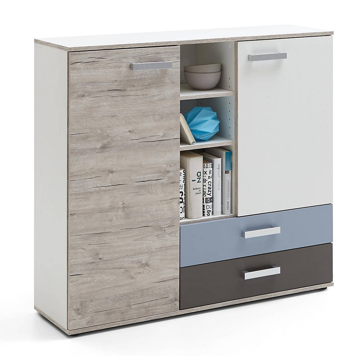 Jugendzimmer Komplett Set mit Bett 140x200 cm mit Kleiderschrank LEEDS-10 in Sandeiche Nb. mit weiß, Lava und Denim Blau