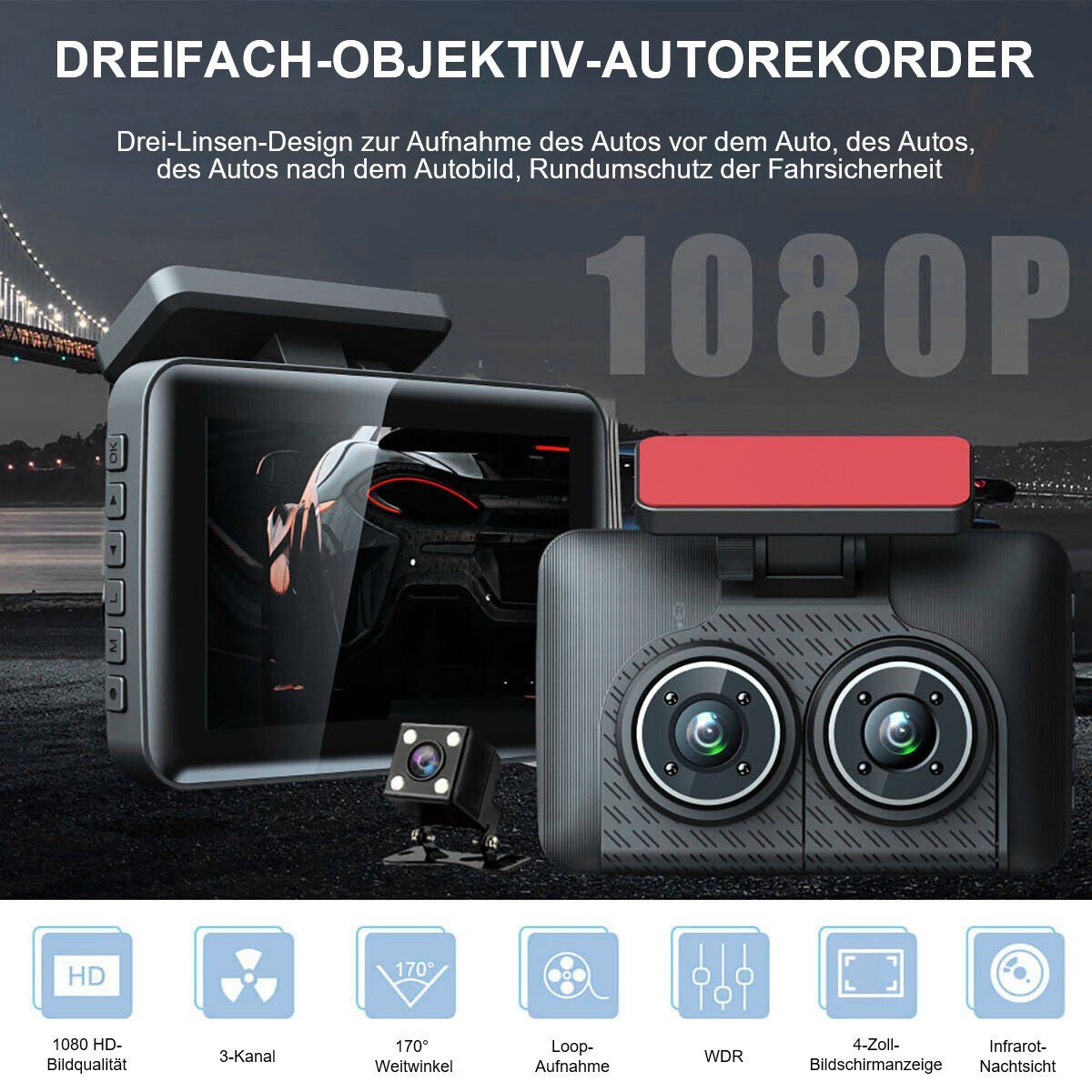 Yoyaxi 1080P HD Dual-Dashcam Dashcam (Auto-DVR-Videorecorder, G-Sensor, vorne und hinten, Kamera)