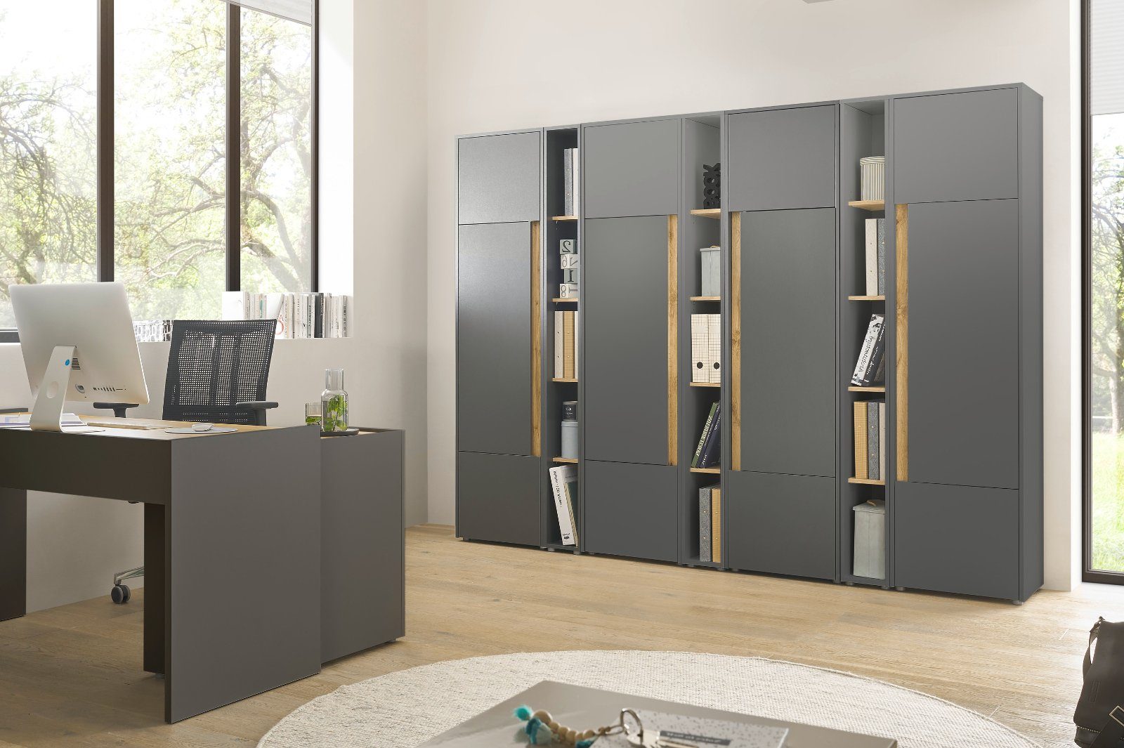 Furn.Design Aktenregal Center, Regalschrank in matt grau mit Wotan Eiche, 5 Fächer