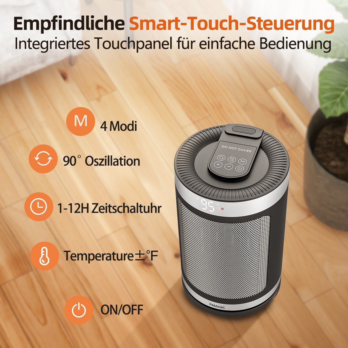7Magic Keramikheizlüfter Energiesparende Leise Elektro Heizlüfter Heizgerät, 90° Oszillation, mit Thermostat,ECO Modus,12 Std. Timer, Fernbedienung für Büro