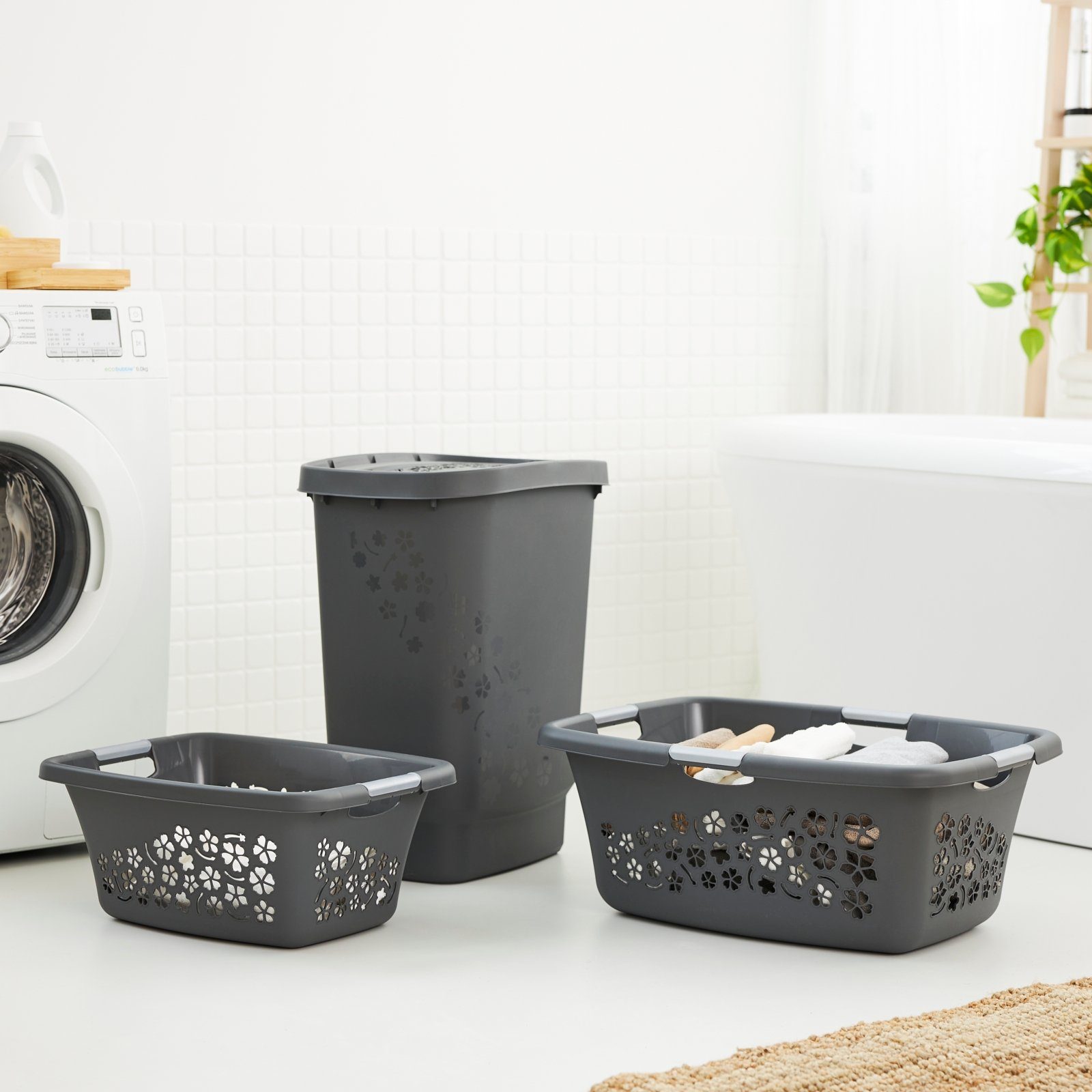 ROTHO Wäschekorb Flowers 3er-Set Wäschekorb 50l, Kunststoff (PP) BPA-frei (Wäschekorbset, 3er-Set), belastbare Tragegriffe