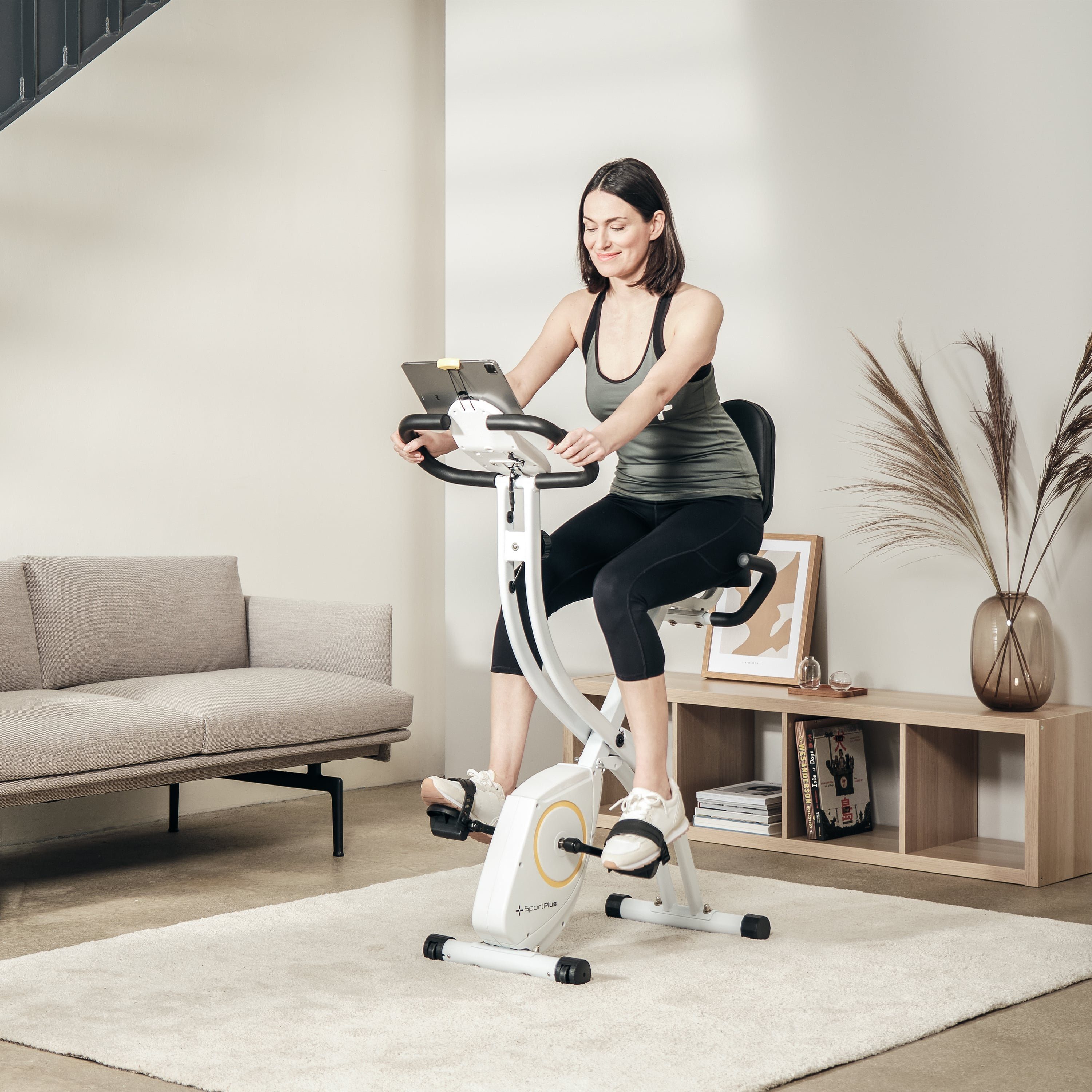 SportPlus Heimtrainer SP-HT-1300-W-iE, Heimtrainer, X-Bike, klappbar für Zuhause, Rückenlehne, 8 Stufen