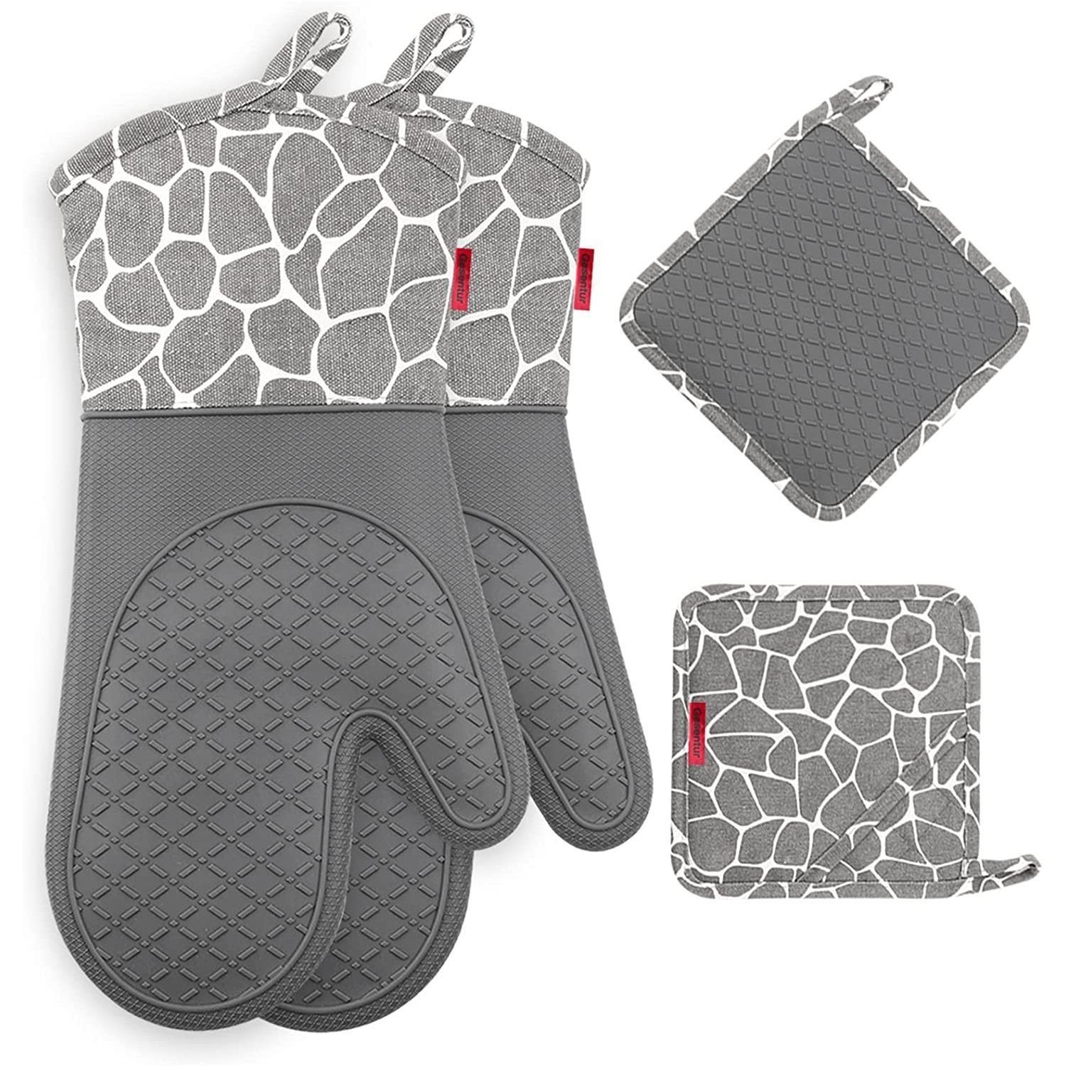 Sross Topfhandschuhe Ofenhandschuh und Topflappen 4er Set, 1 Paar Backhandschuhe Kochhandschuhe und 2 Topflappen
