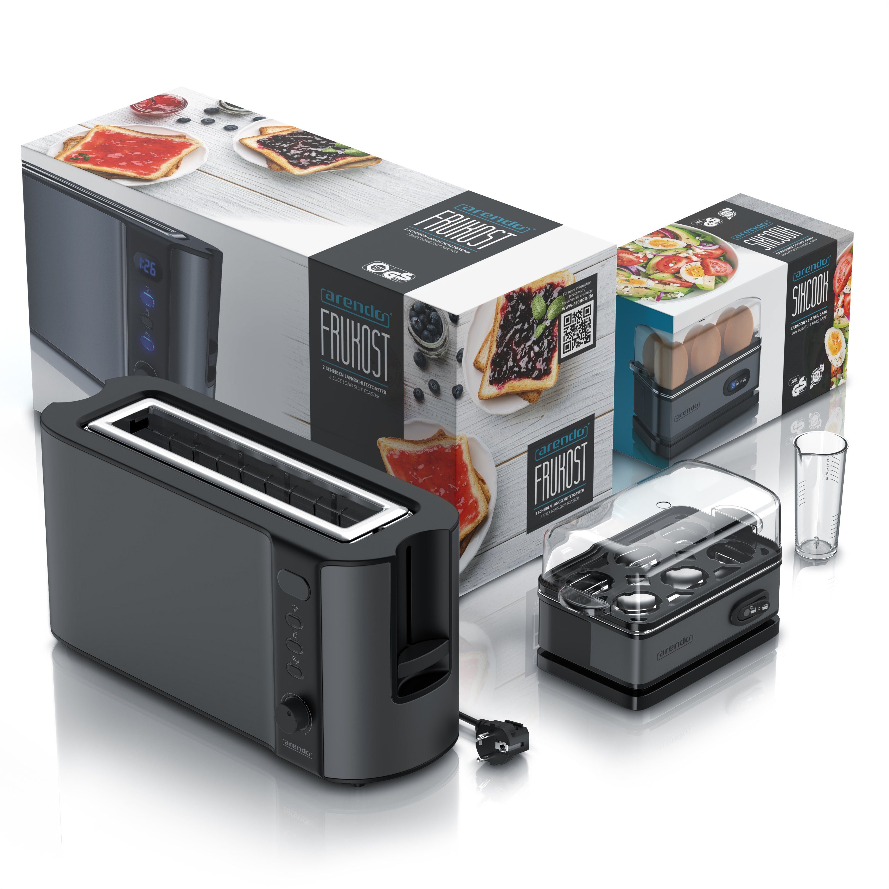 Arendo Frühstücks-Set (2-tlg), 2-Scheiben Toaster und 6-fach Eierkocher, Edelstahl, Grau