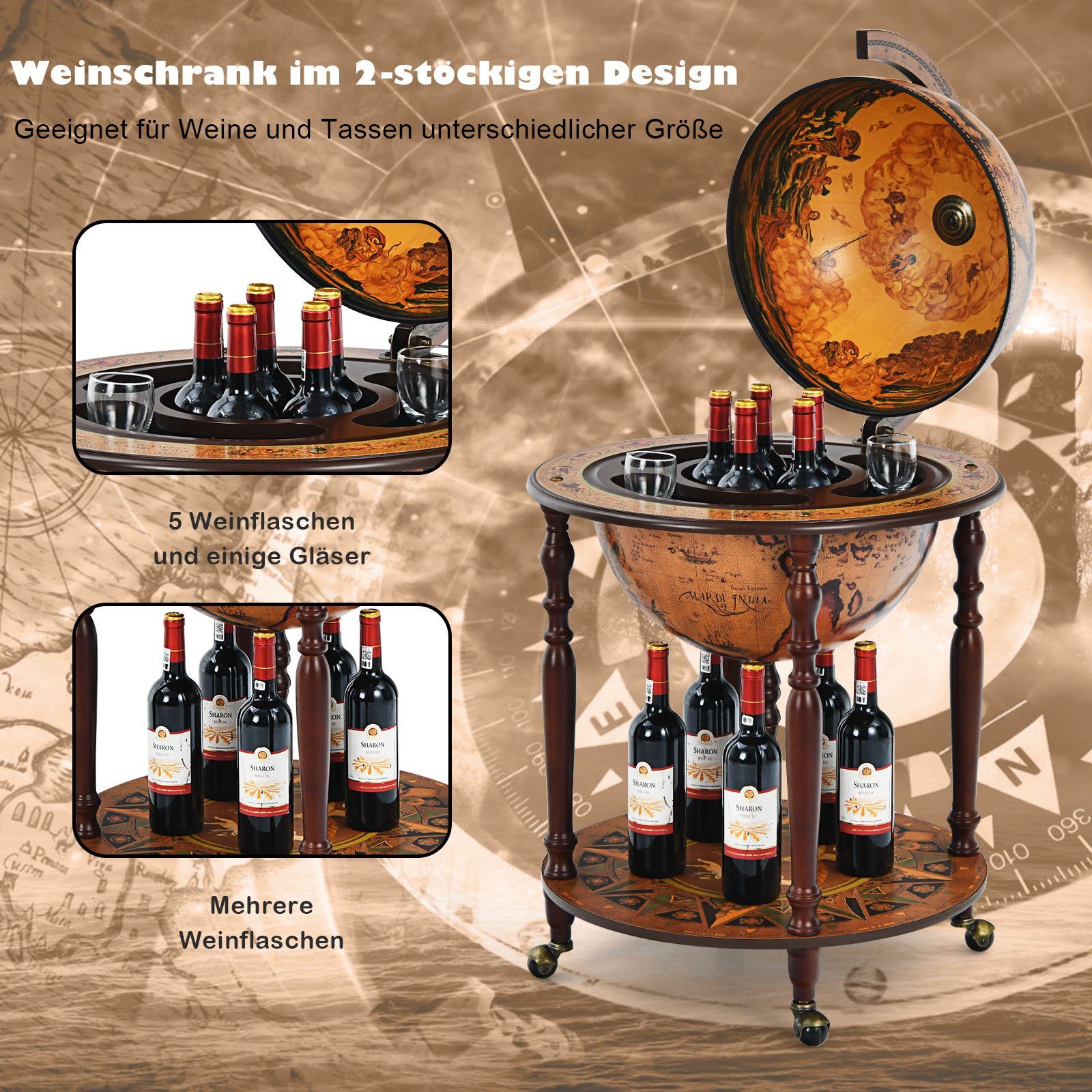 COSTWAY Weinregal Globusbar, Barschrank, mit Rollen & Deckel, für Flaschen