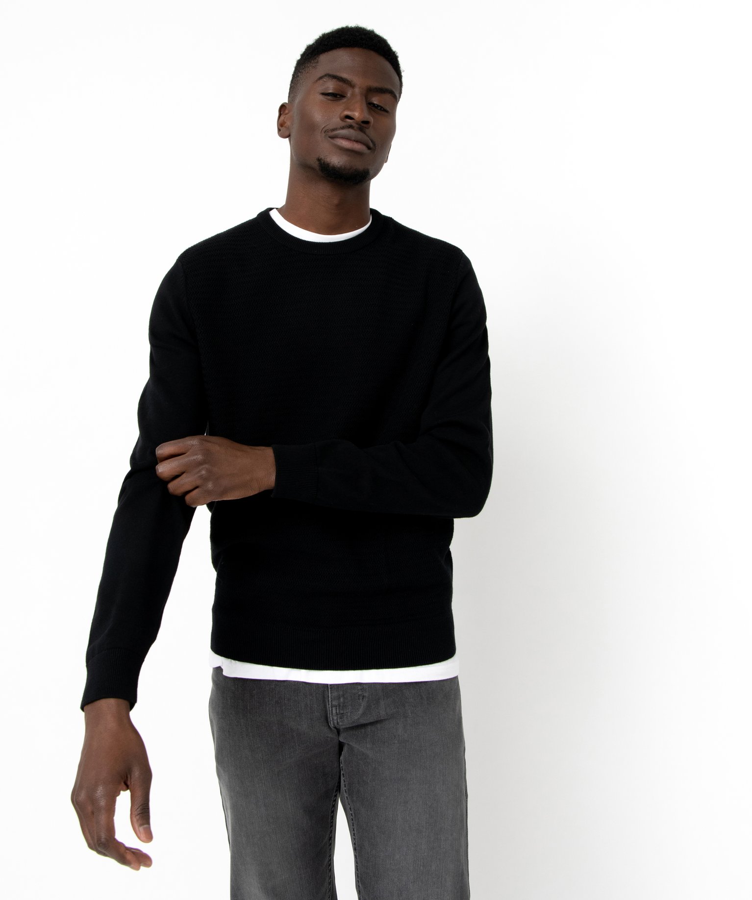Pull en coton homme avec maille fantaisie sur l’avant noir | GEMO