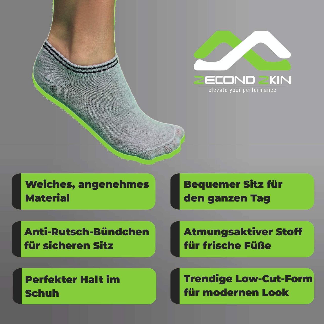 trends4cents Zecond Zkin 8 Paar Sneaker Socken Gr. 32 - 38 grau Sommersocken Füßlinge aus Baumwolle