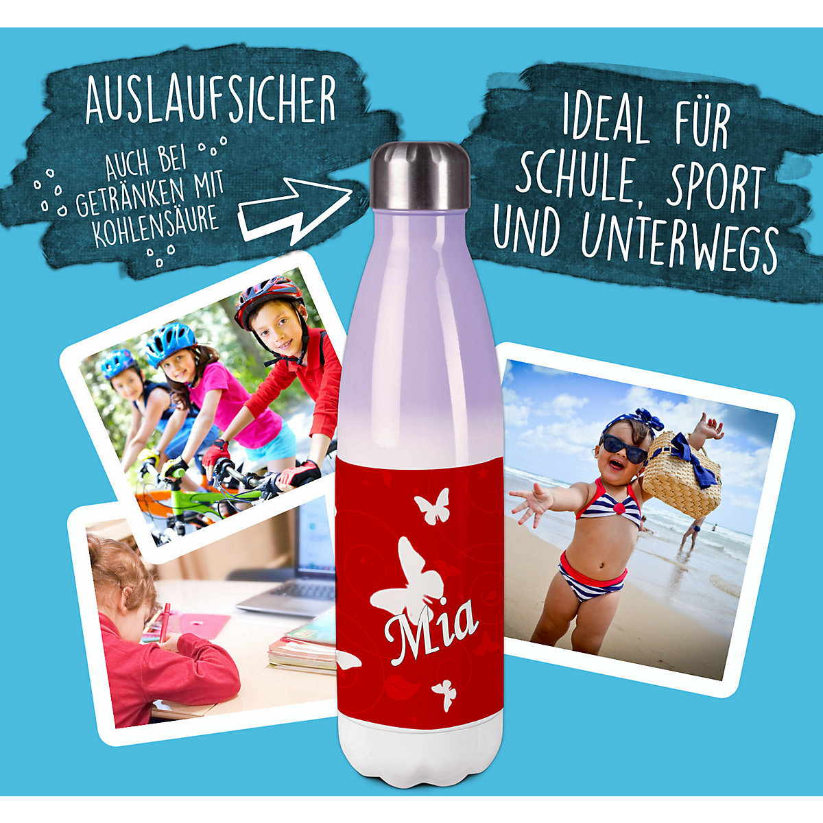 Edelstahl Kinder Thermoflasche / Trinkflasche bunt Schmetterling Ornamente Farbe rot Spülmaschinenfest, Auslaufsicher, Bruchfest, Doppelwandig, Für Heißgetränke geeignet, Mit Deckel, Isoliert