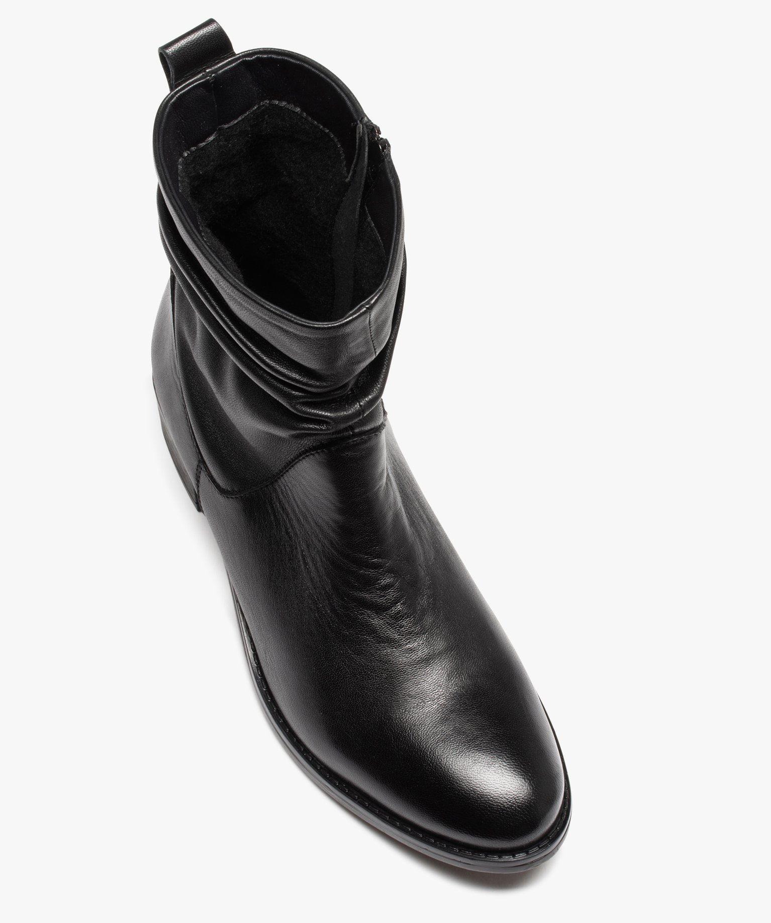 Boots femme dessus en cuir uni plissé noir | GEMO