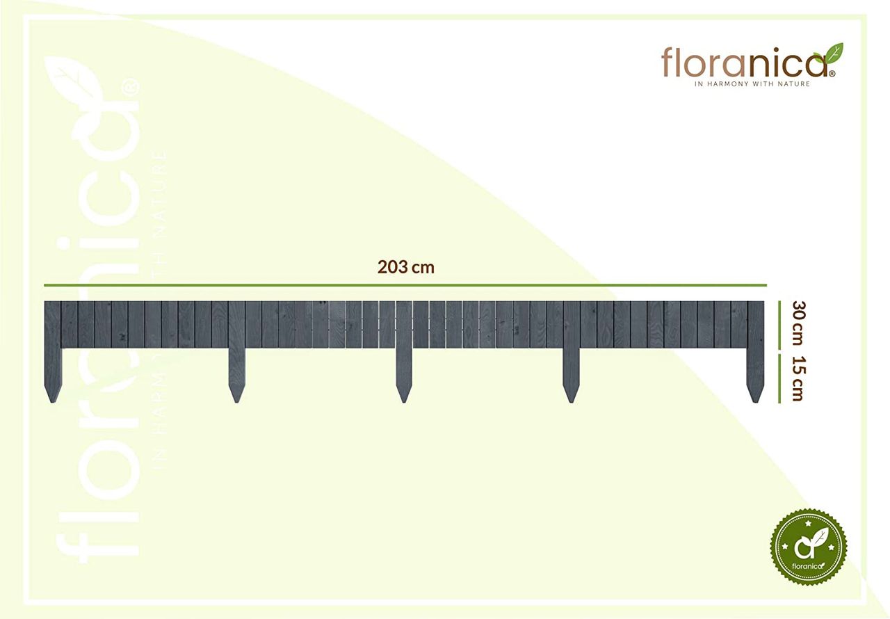Pemicont Floranica Rollborder II Flexibler Holzzaun 203cm Höhe: 30cm Anthrazit Imprägniert Kiefernholz Beeteinfassung Rasenkante Palisade Umzäunung für Obstgärten Beete Wege