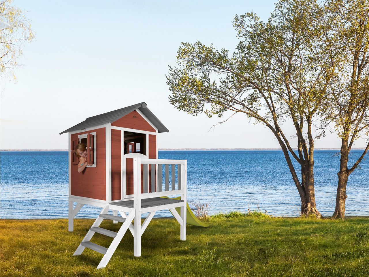 AXI Lodge XL Spielhaus Skandinavisches Rot - Lindgrüne Rutsche