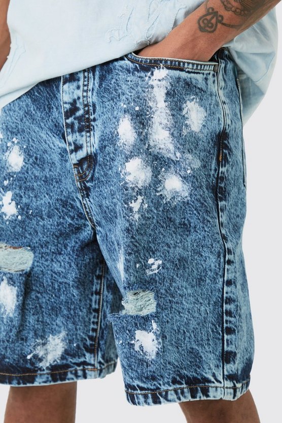 Tall lockere Shorts mit Indigo-Waschung und Farbspritzern