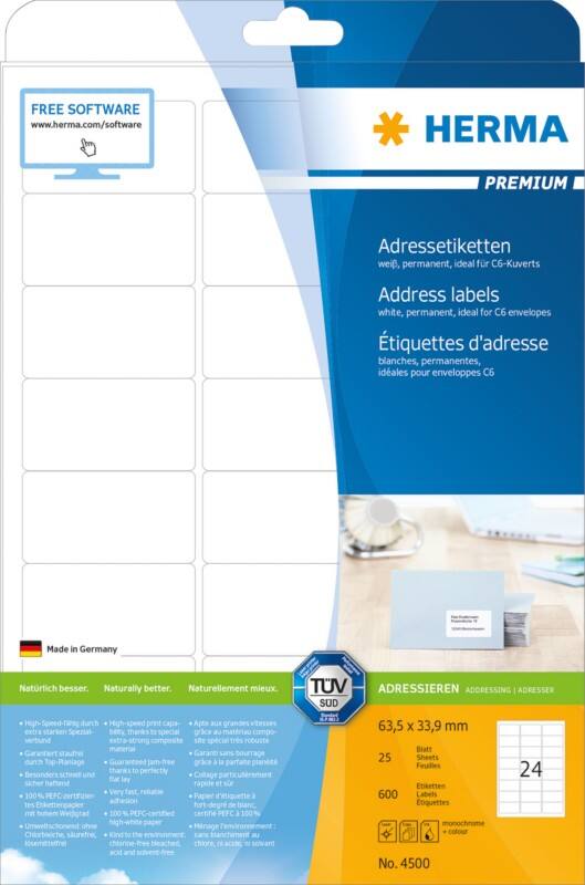 HERMA Adressetiketten 4500 Weiß Rechteckig 63,5 x 33,9 mm 25 Blatt à 24 Etiketten