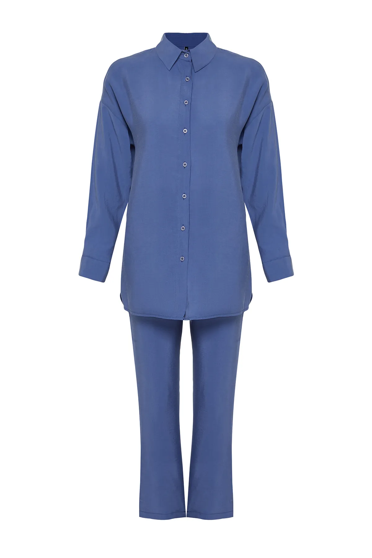 Trendyol Modest  Blaues Set aus gewebtem Modalstoff mit Hemd und Hose unten TCTSS24US00058