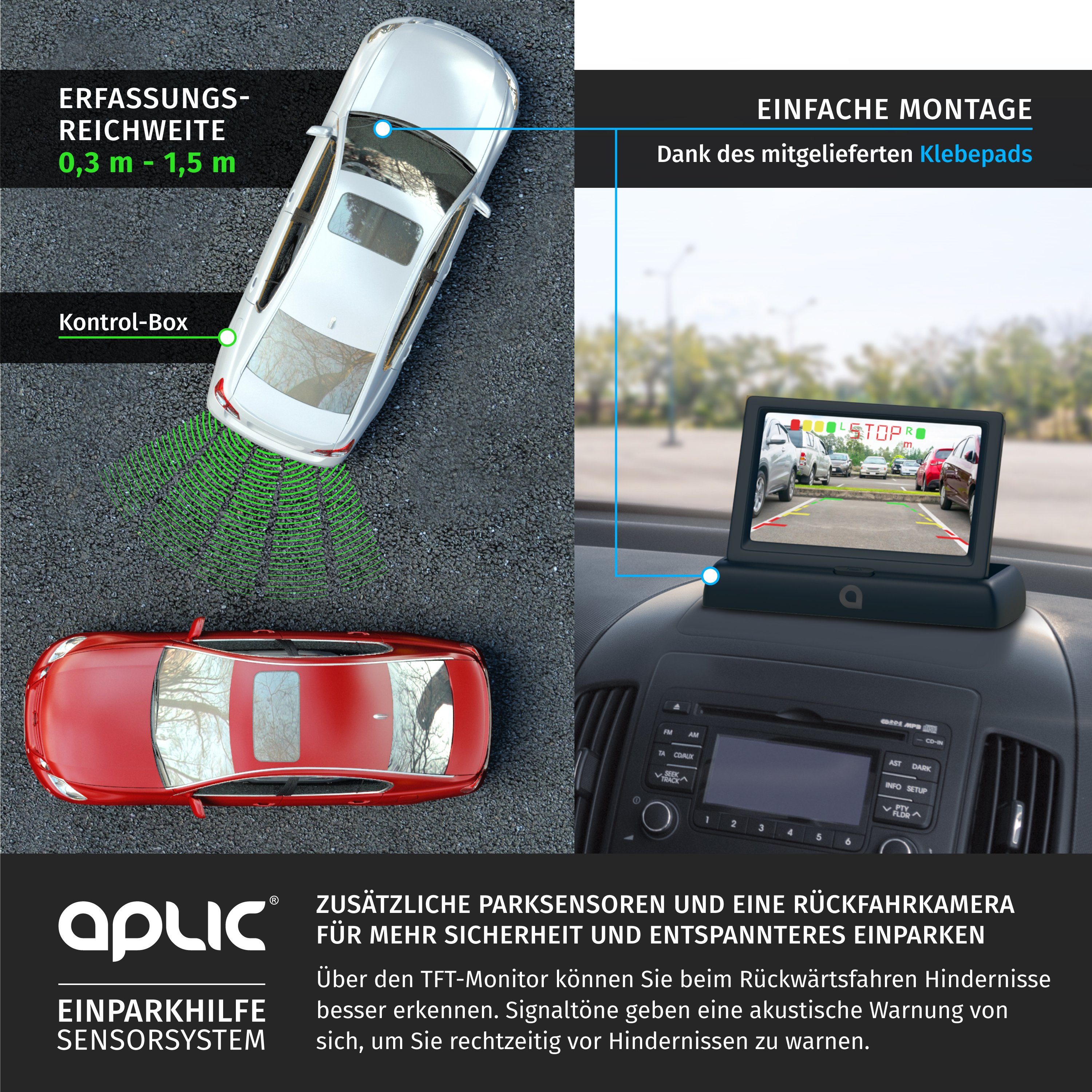 Aplic Rückfahrkamera (Einparkhilfe mit 4x Parksensoren, Kamera & 4,3