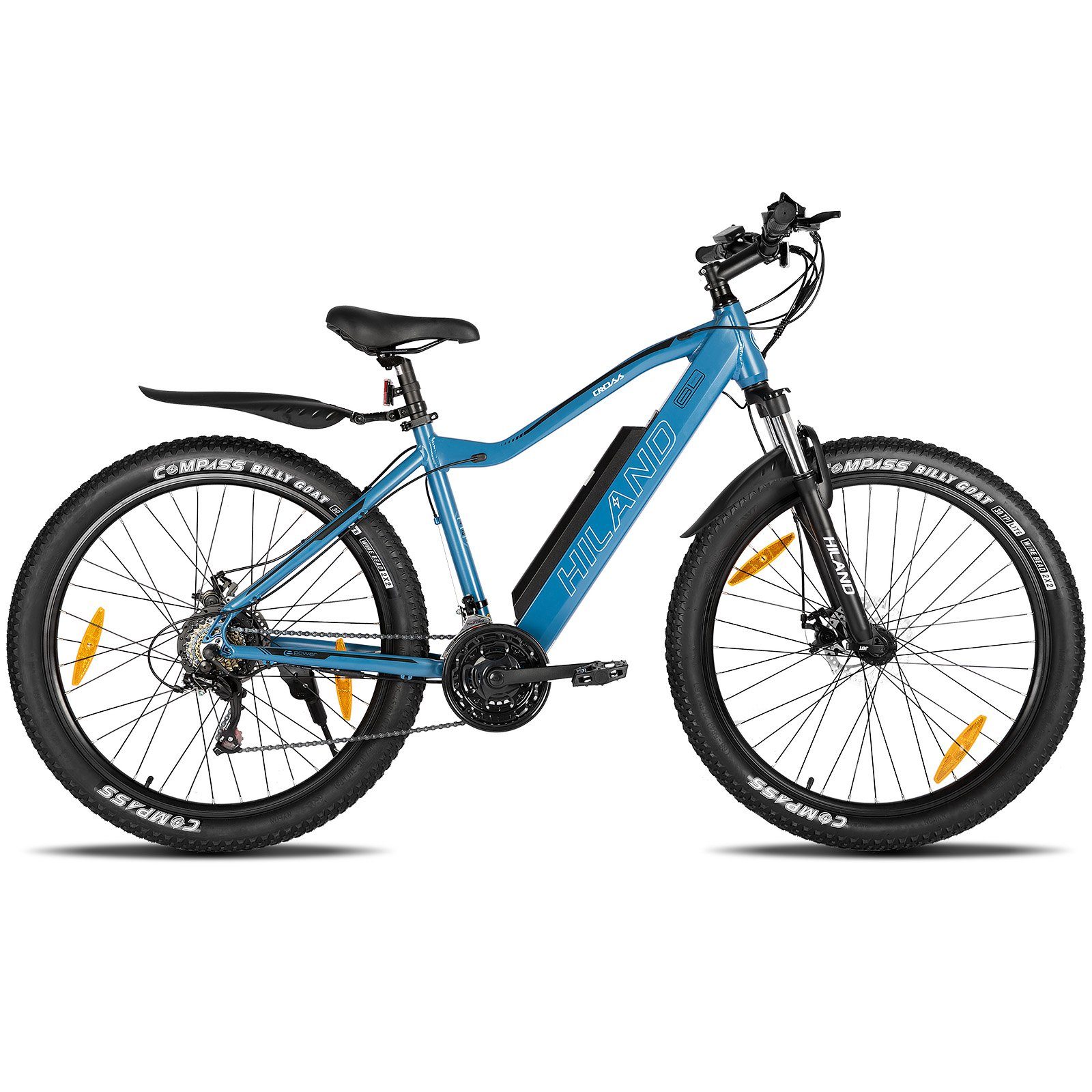 HILAND E-Bike 26/27.5 Zoll Fat Tire E-Mountainbike Pedelec Herren Damen,LCD Display, 21 Gang Shimano Tourney TZ500 7speed Schaltwerk, Kettenschaltung, Heckmotor, 374,40 Wh Akku, (Set, mit werkzeung, mit beleuchtungsset, mit Schutzblech Set), Elektrof