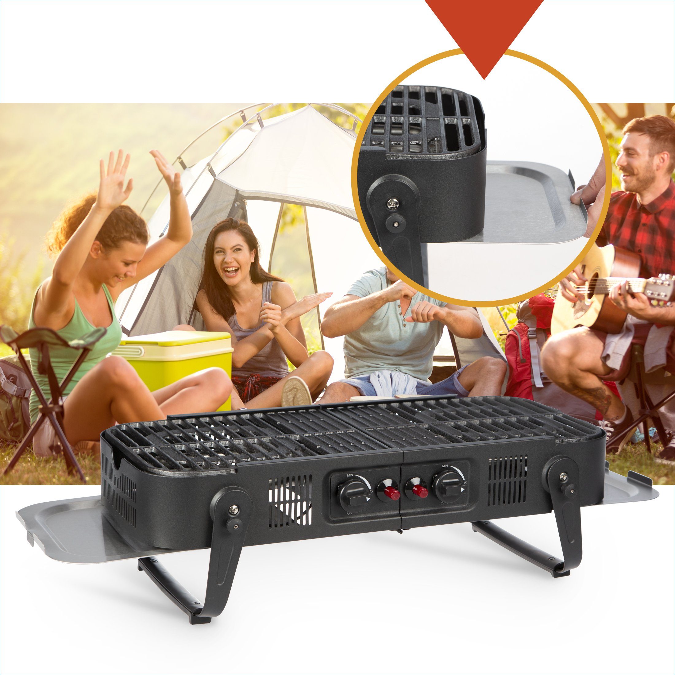 Bruzzzler Camping-Gasgrill Gasgrill zum Klappen, 2-flammiger Gasgrill mit 3,3 kW,zusammenklappbar, Pack, inklusive Tragetasche,für Picknick,Balkon und mehr