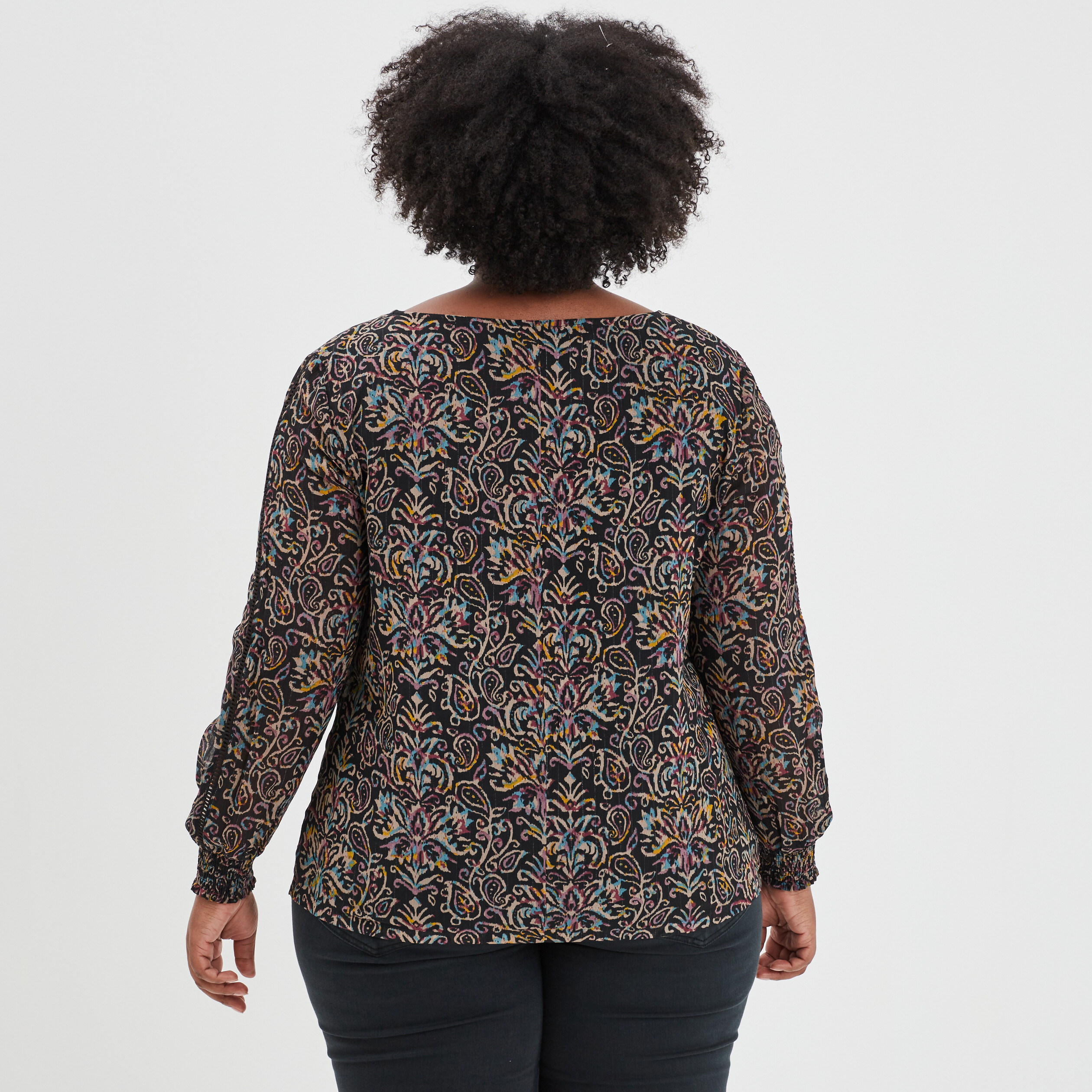 Blouse cordons au col manches longues noir femme grande taille | La Halle