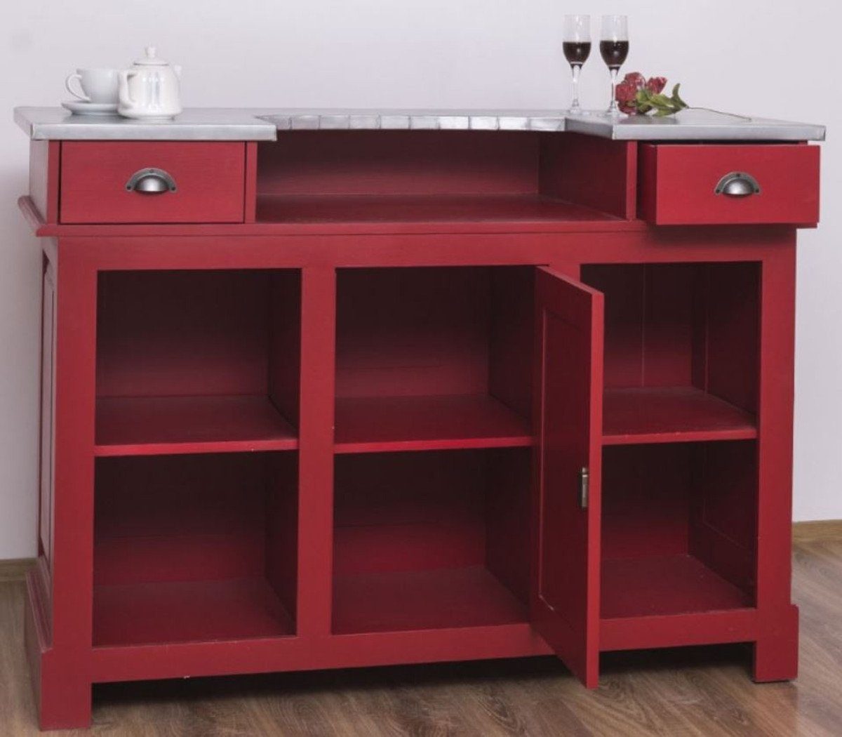 Casa Padrino Barschrank Landhausstil Theke Rot / Silber 150 x 65 x H. 107 cm - Massivholz Thekentisch mit verzinkter Tischplatte - Barmöbel im Landhausstil