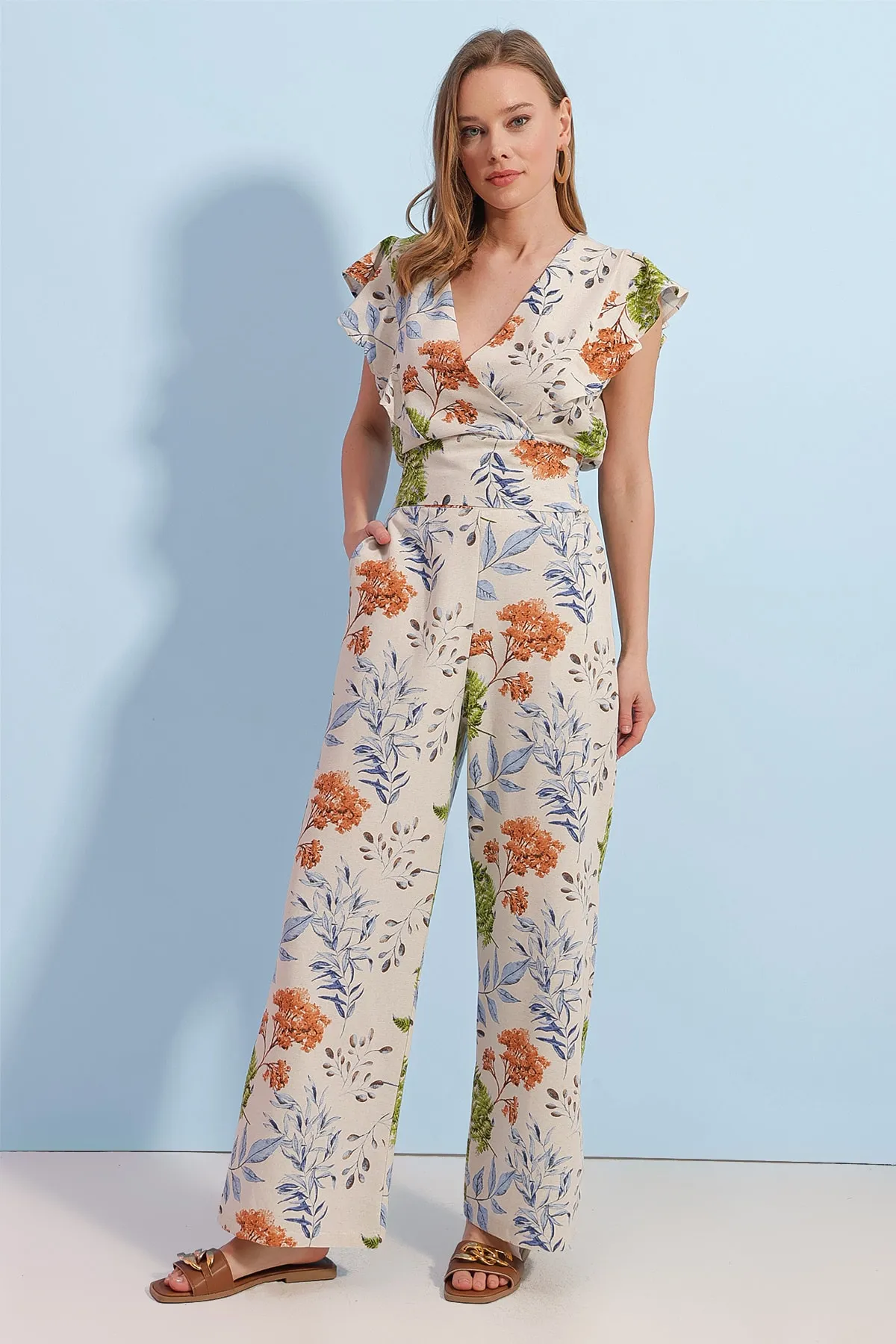 Pattaya  Damen-Set mit floral gemustertem Gipe-Detail-Unterteil und Oberteil aus Leinen P23s191-1342