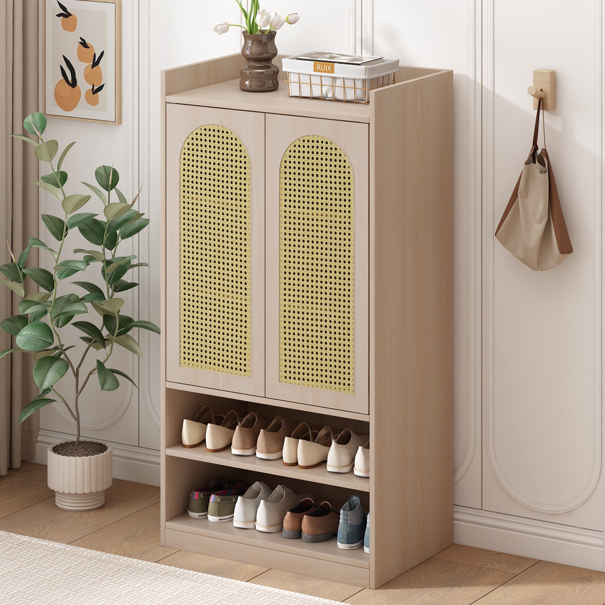 OKWISH Highboard sideboard (Sideboard mit Polyrattan-Tür), Mit verstellbaren Einlegeböden, Schuhschrank Landhausstil