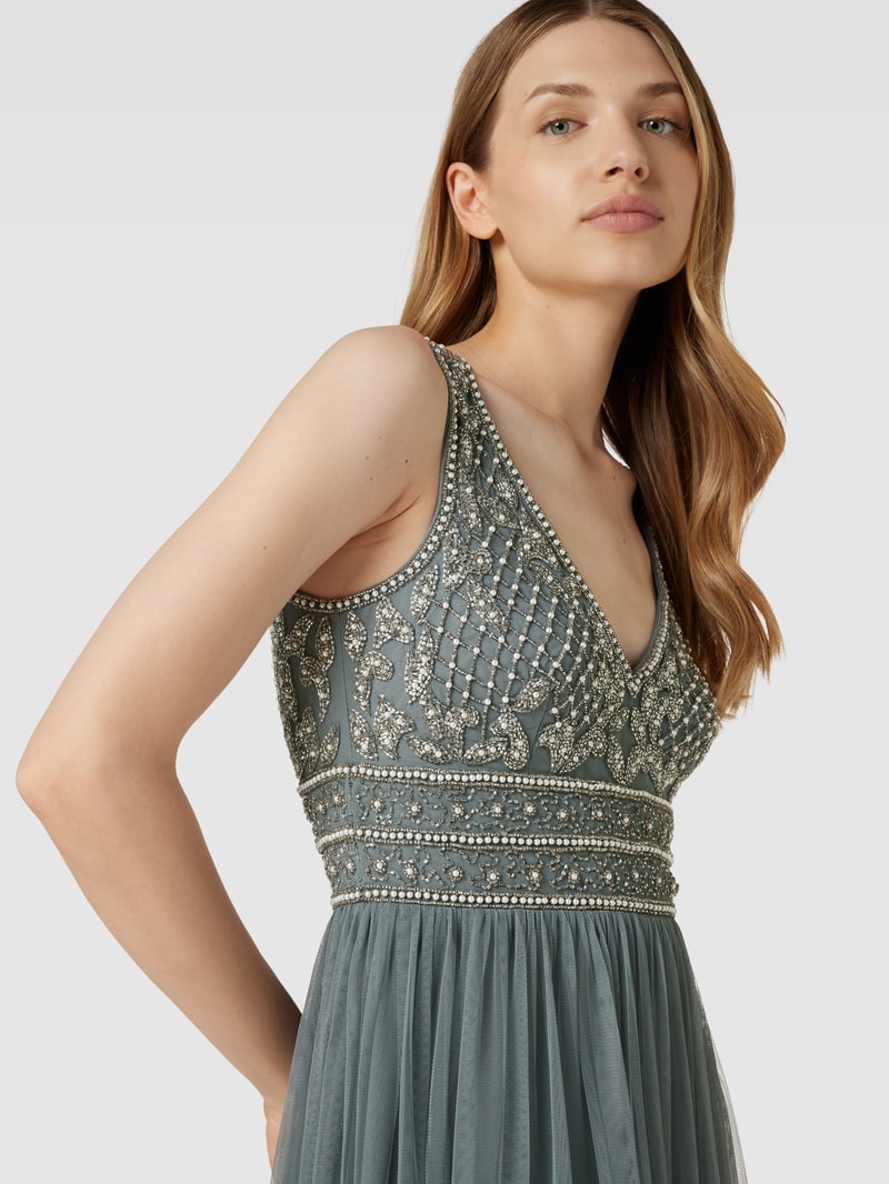Abendkleid mit Perlen- und Ziersteinbesatz in dunkelgrau