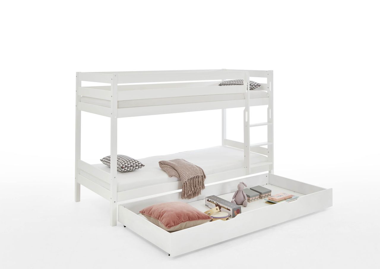 Relita Etagenbett Lupo mit 2 Liegeflächen 90 x 200 cm und Bettschublade, inkl. 2 Rolllattenroste, Buche massiv weiß lackiert