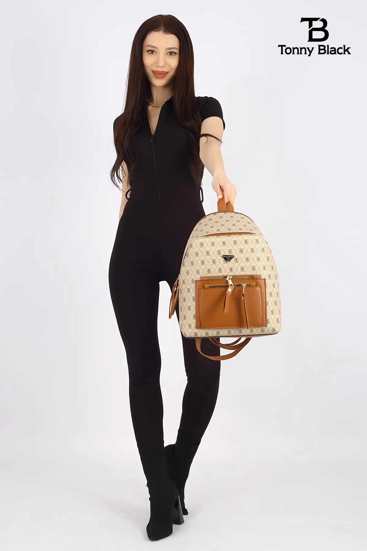 Tonny Black  Original Damen-Rucksack und Umhängetasche mit verstellbarem Riemen, Komfortmodell, 3 Fächer, luxuriös, stilvoll, mit mehreren Fächern