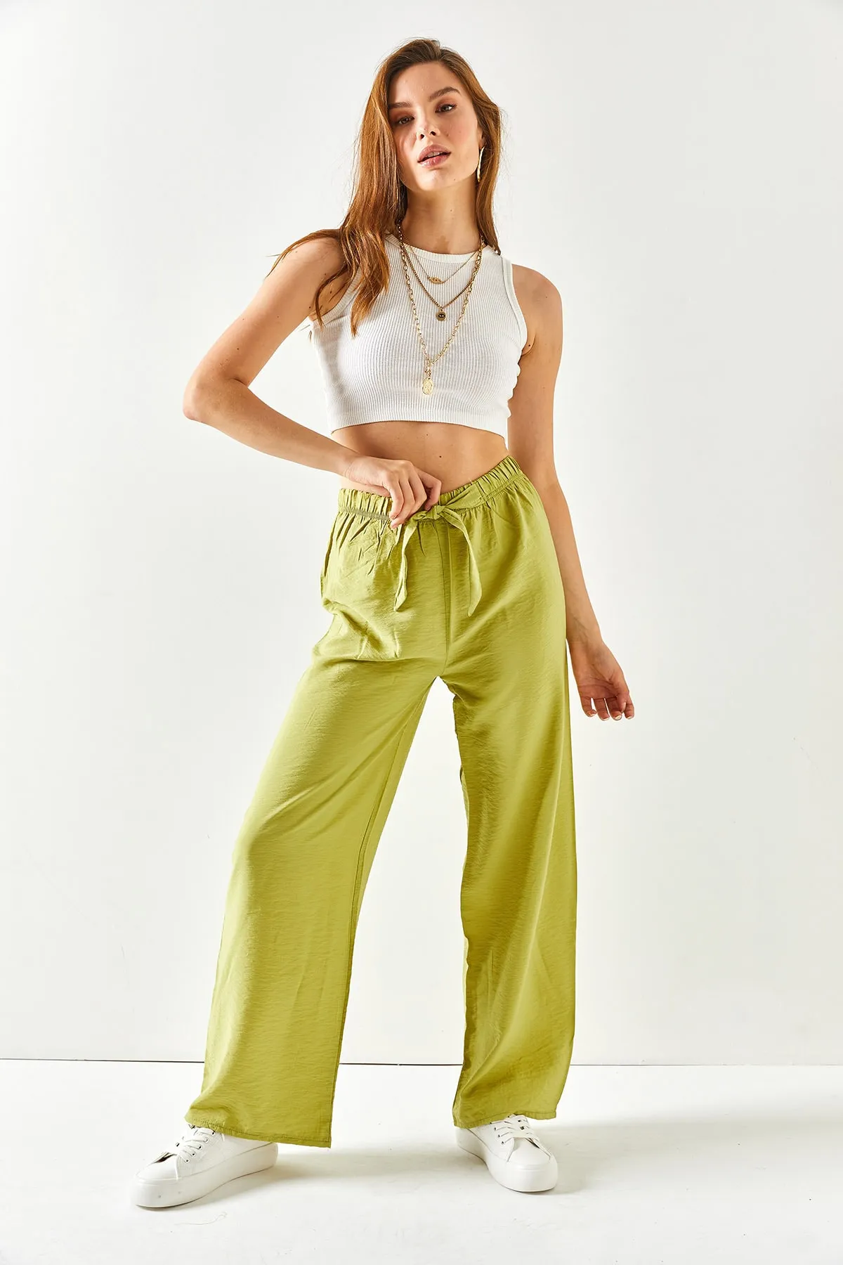 Olalook  Pistaziengrüne Palazzo-Ayrobin-Hose mit Gürtel und elastischem Bund für Damen PNT-19000200