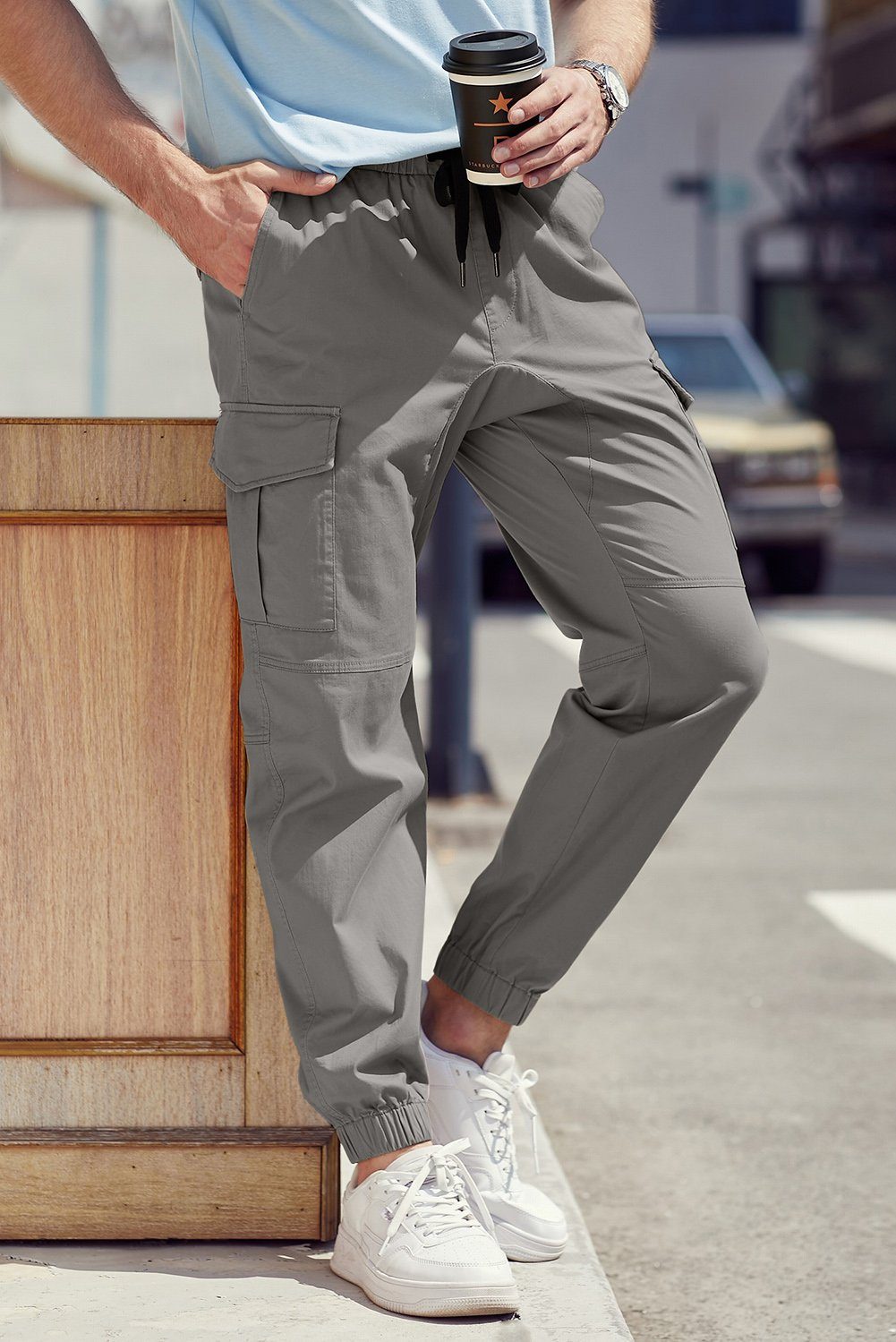 JMIERR Cargohose Cargohose Herren Baumwolle Chino Hose Jogginghose für Männe 32-40 (mit Bindegürtel, cargohose) in Unifarbe, Elastikbund mit Tunnelzug