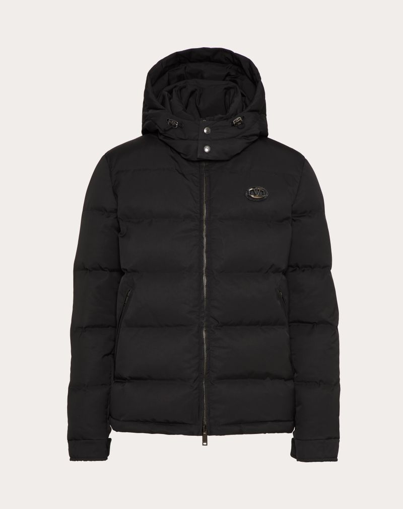 Nylon hættetæppede dunjakke med lædermærke og Vlogo Signature