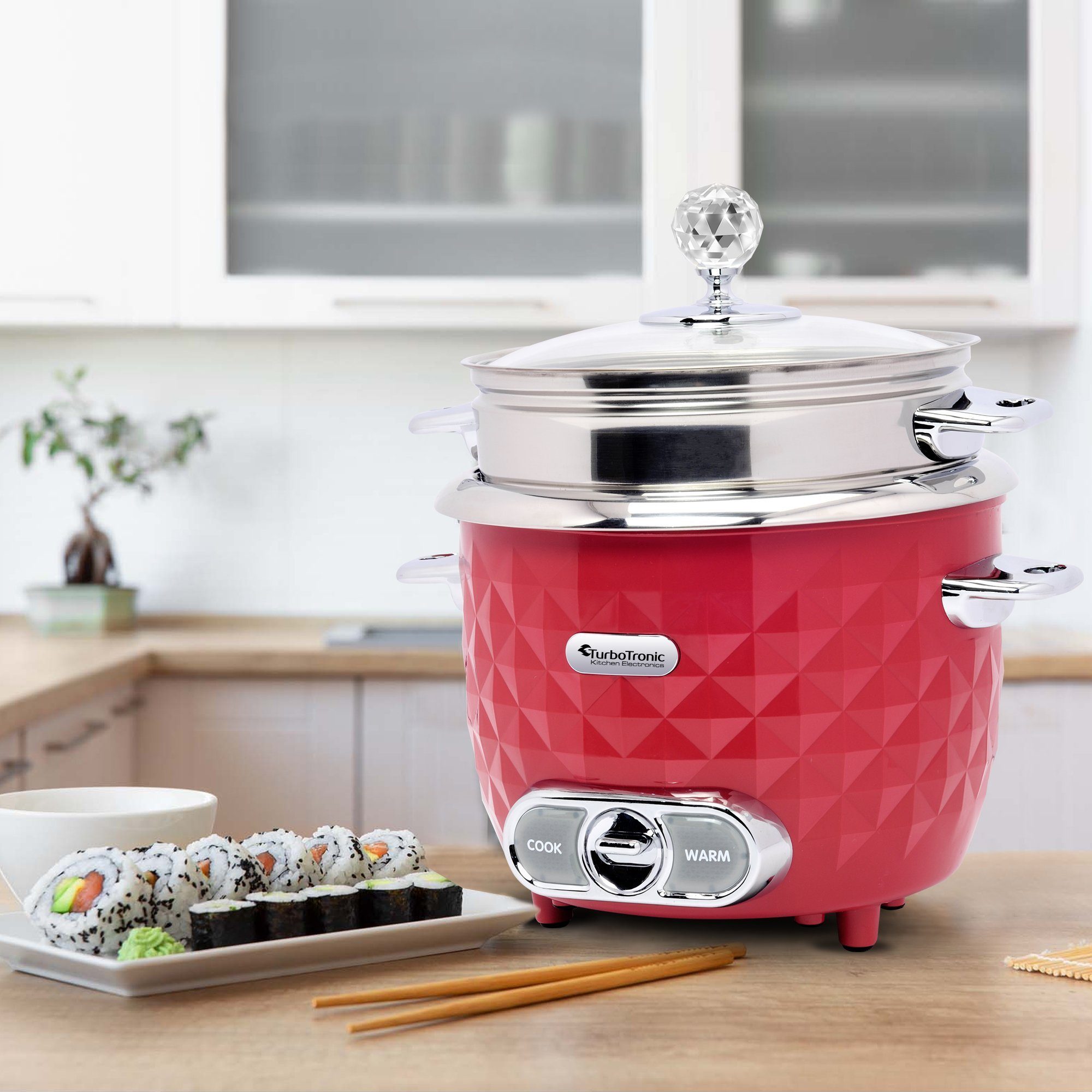 TurboTronic by Z-Line Reiskocher 1 Liter mit Dampfgareinsatz aus Edelstahl PLASTIKFREI, 400 W, mini Design Dampfgarer kleiner Reistopf Milchreis Cooker