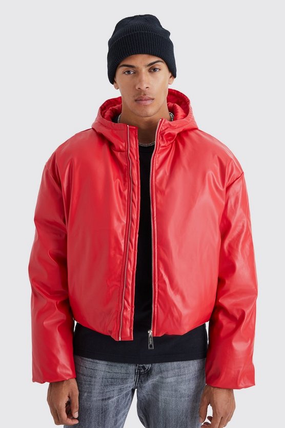 Kastige gepolsterte PU-Steppjacke mit Kapuze