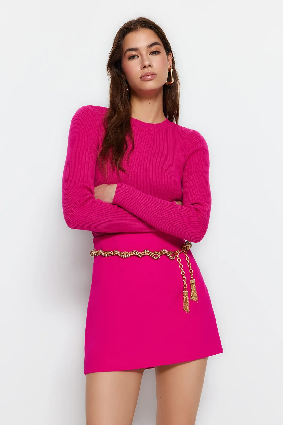 Trendyol Collection  Fuchsia Basic Strickpullover mit Kordelzug TWOAW22KZ1708