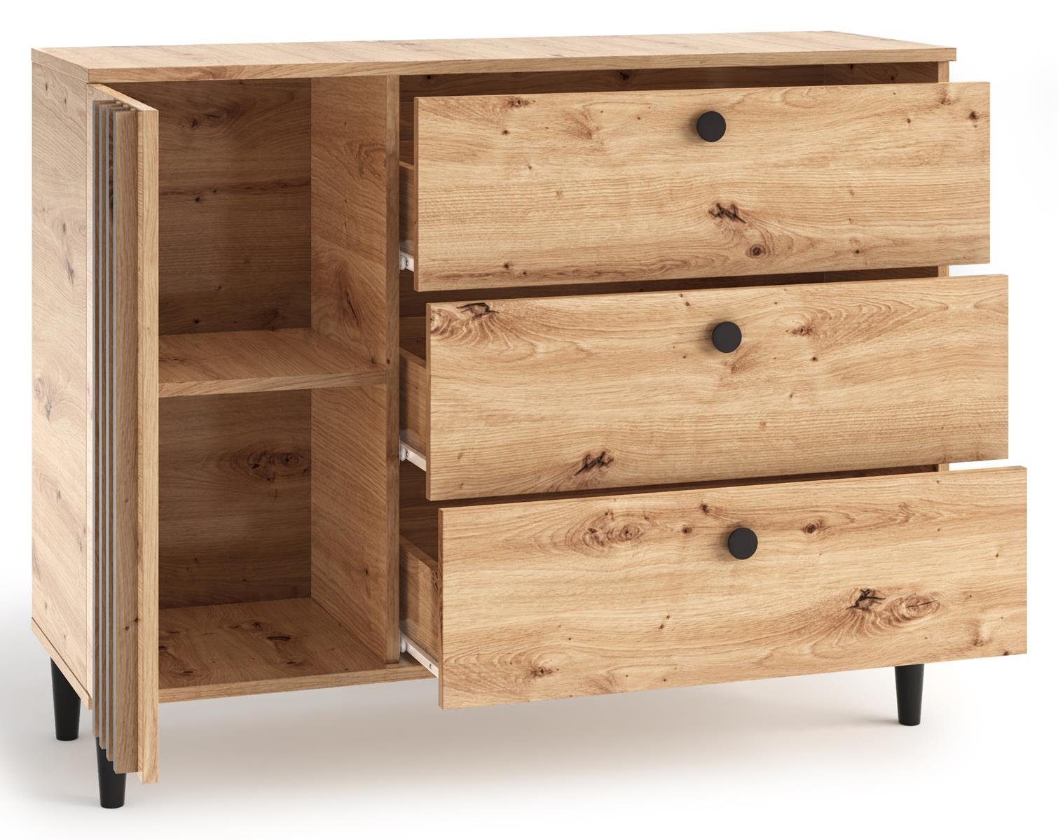 Beautysofa Kommode L3, eintürig Stauraumkommode, mit drei Schubladen, mit Lamellen, in loft Stil