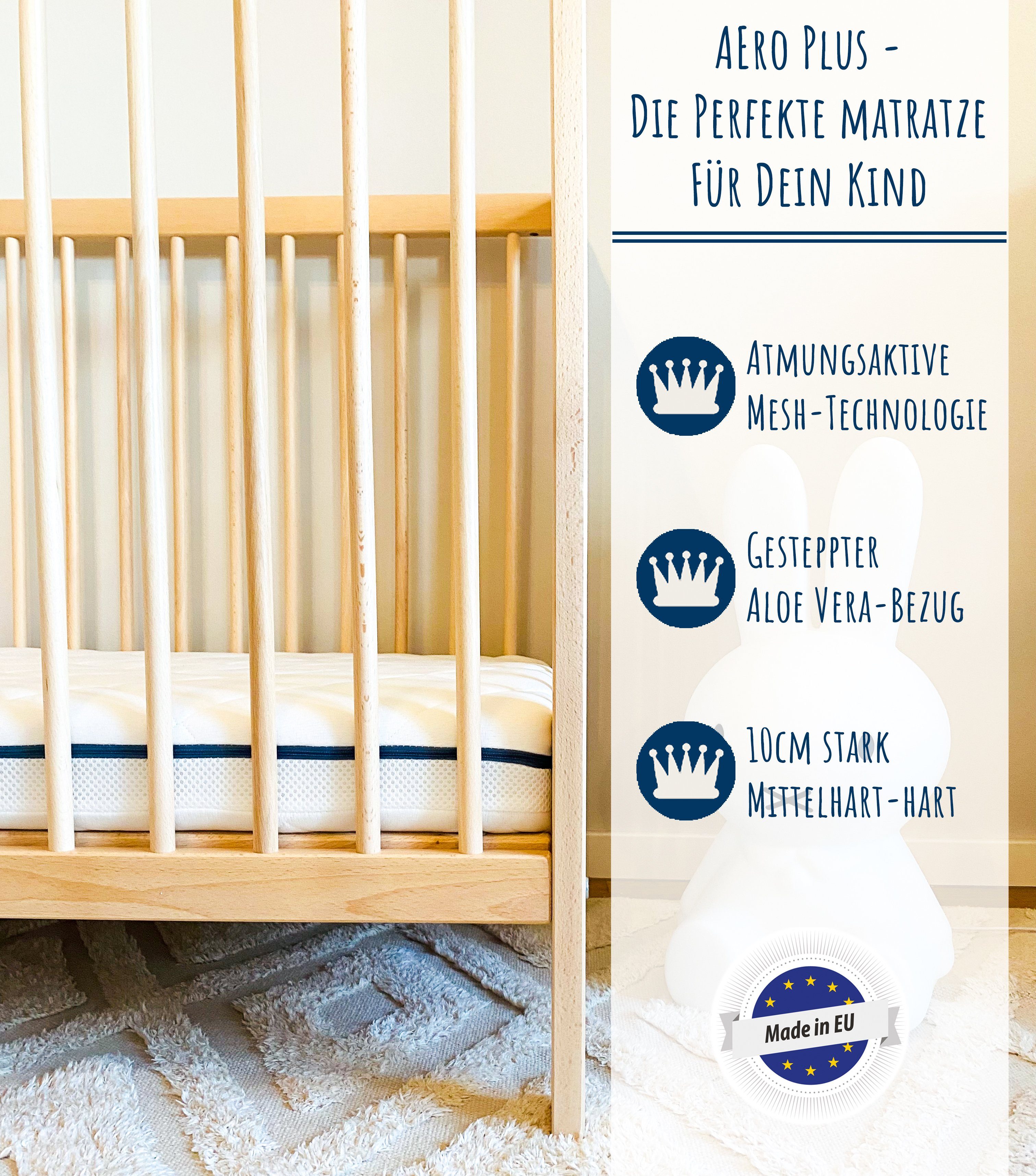 Kindermatratze AERO PLUS mit Ventilationsstreifen 60x120 70x140 80x160 80x180 90x200, Kids Collective, 10 cm hoch, Babymatratze Matratze für Babybett oder Kinderbett 120x60