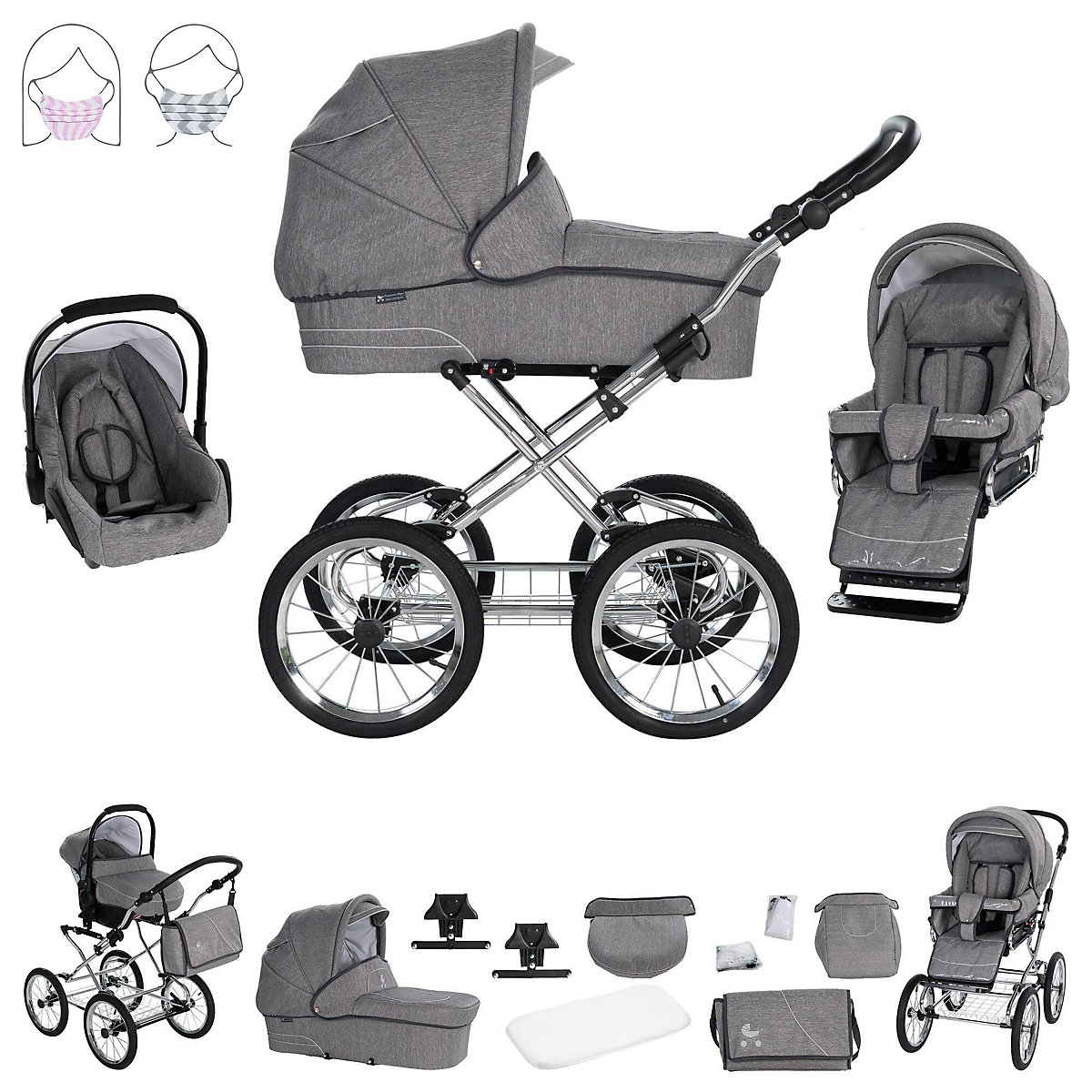 München | 3 in 1 Kombi Kinderwagen Komplettset | Nostalgie Kinderwagen Kombikinderwagen