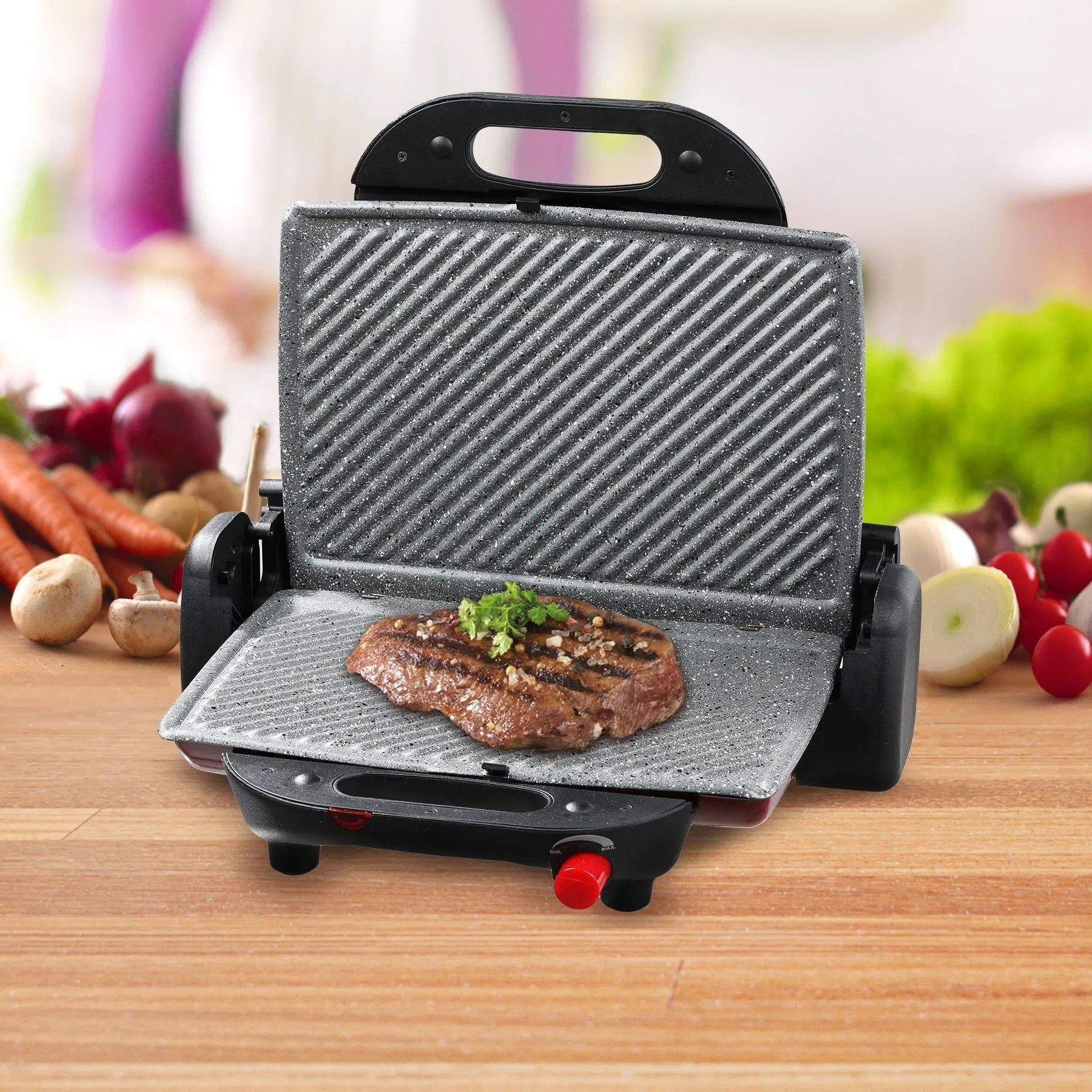 Arzum Sandwichmaker Sandwichmaker 1800W Antihaft-Gusseisenplatte in Granitoptik Edelstahl