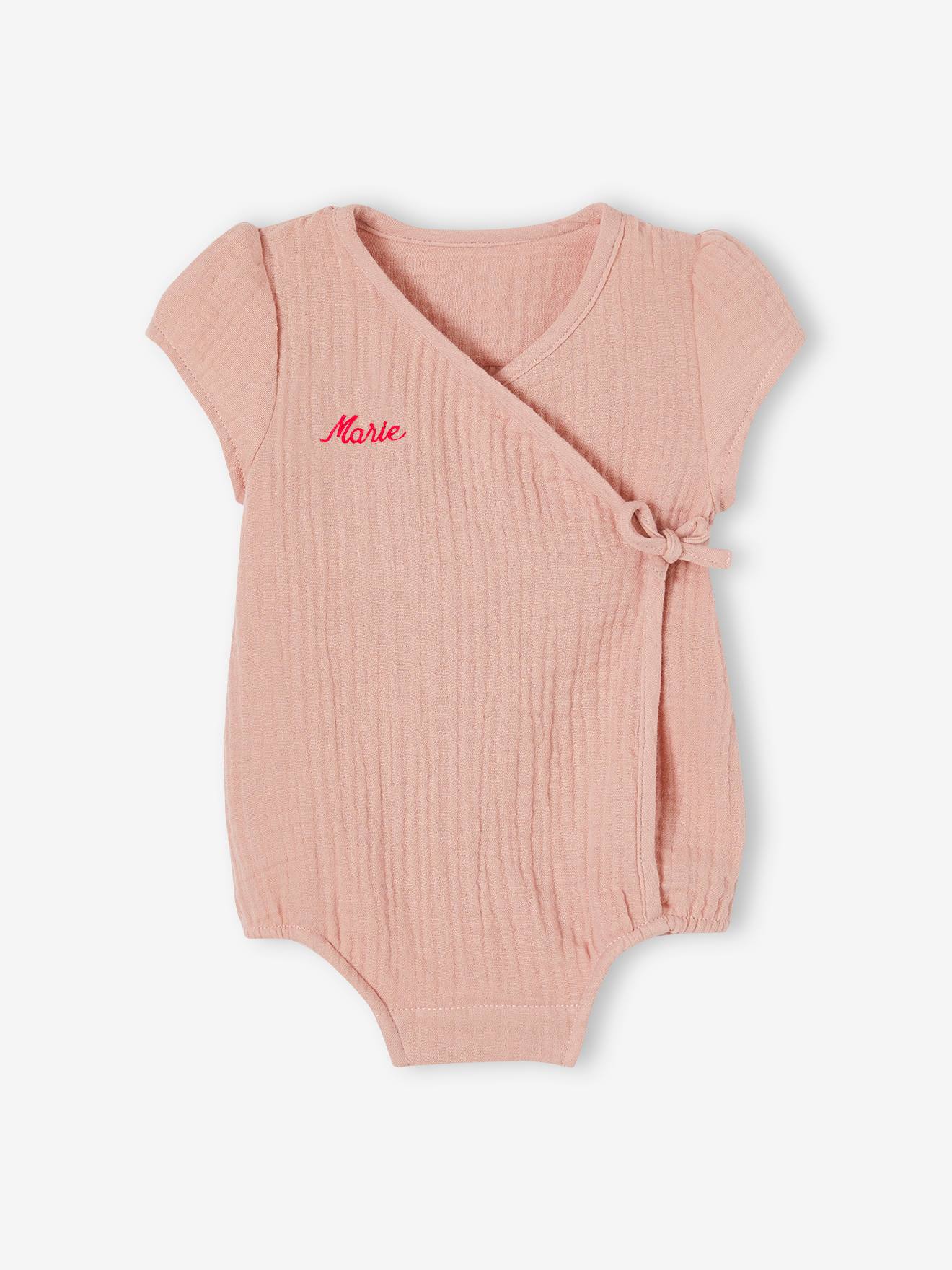 Body bébé personnalisable en gaze de coton ouverture naissance rose poudré