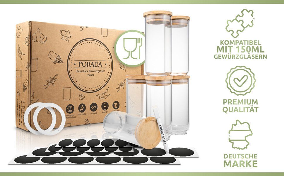PORADA Gewürzbehälter Gewürzgläser 250 ml Set stapelbare Glasbehälter mit Deckel, (Set, 6-tlg., 6x Gewürzgläser 250ml, 12x runde Aufkleber, 12x ovale Aufkleber), Handarbeit, platzsparend, stapelbar. Bambusdeckel, geruchsdicht