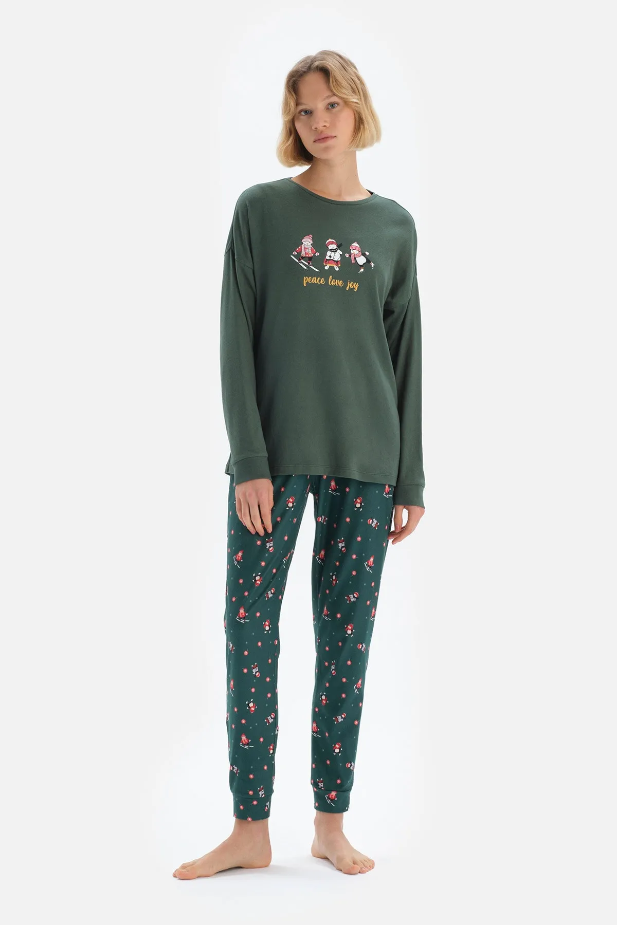 Dagi  Grün bedrucktes Langarm-Pyjama-Set