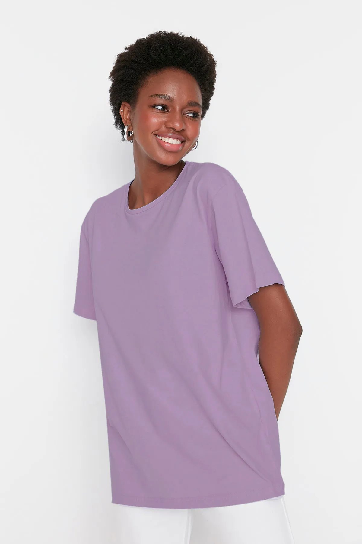 Trendyol Collection  Lila, 100 % Baumwolle, Oversize/Weitform, Rundhals-Strick-T-Shirt TWOSS20TS0134