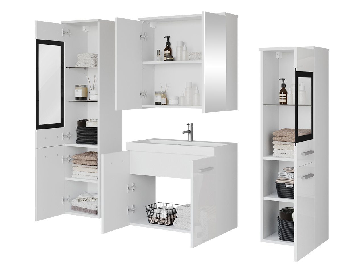 Mirjan24 Badmöbel-Set Madrit II, (5er-Set, Waschbeckenschrank, 2x Hochschrank, Spiegelschrank, Waschbecken), Modernes Badezimmer, Komplett