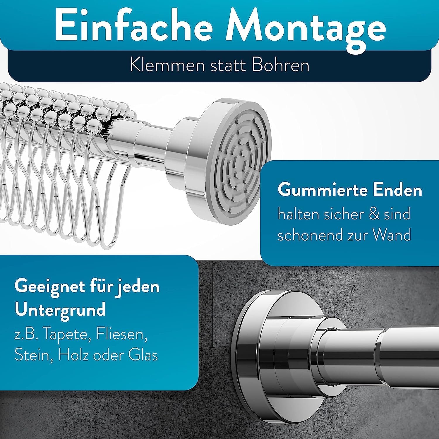 Duschvorhangstange ohne bohren verstellbar 125-220 cm, Benkstein, geklemmt, Passt in jedes Badezimmer - inkl. 12 Duschringe