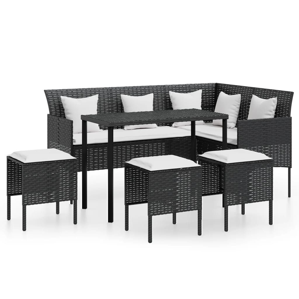 vidaXL Gartenlounge-Set 5-tlg. Sofagarnitur in L-Form mit Kissen Poly Rattan Schwarz, (5-tlg)
