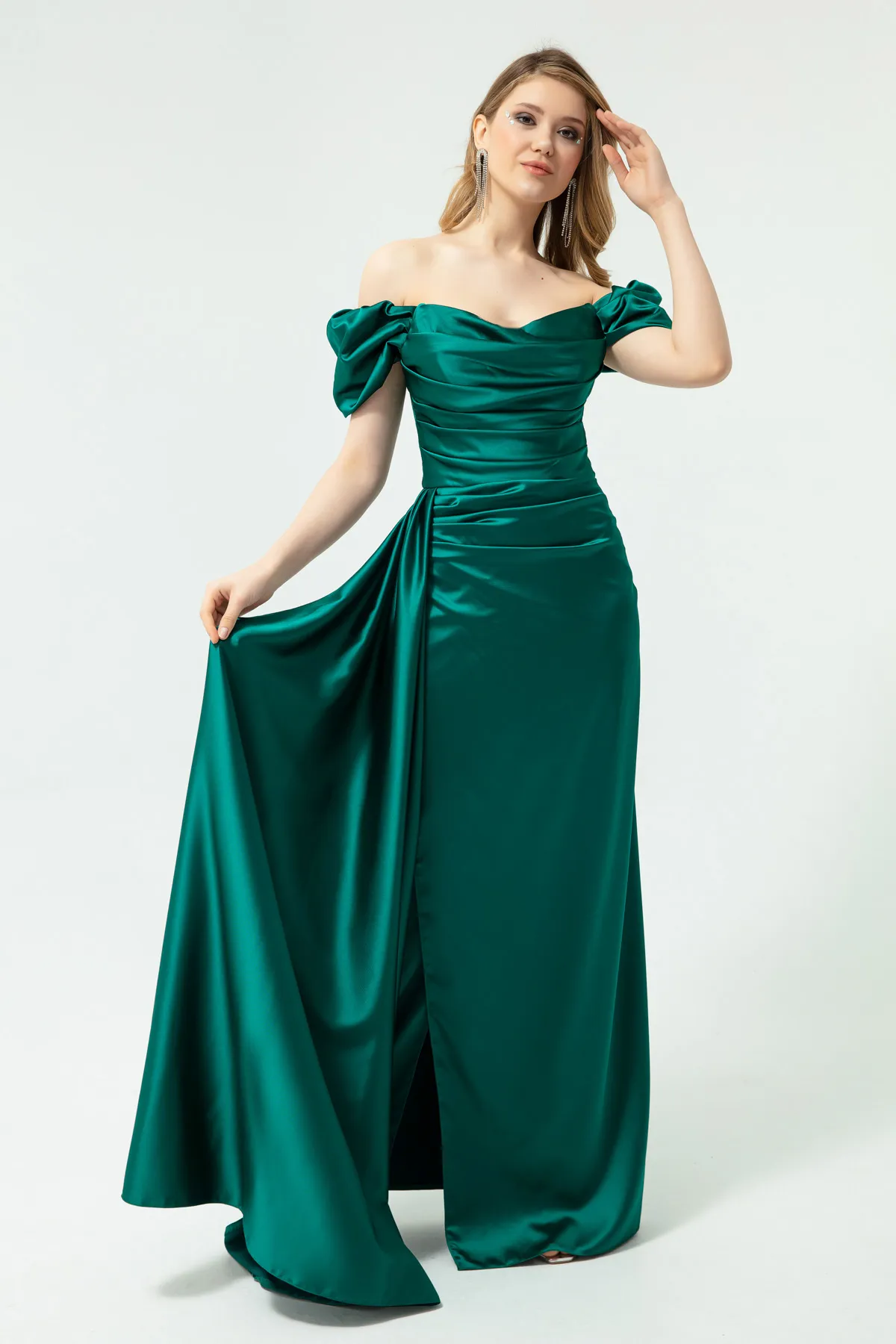 Lafaba  Smaragdgrünes Abendkleid und Abschlusskleid aus Satin mit U-Boot-Ausschnitt für Damen