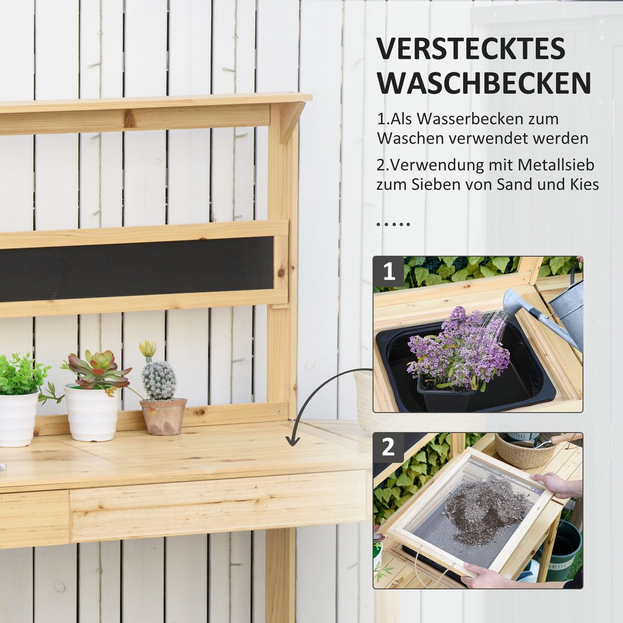 Outsunny Pflanztisch Gärtnertisch mit 8 Haken Schublade Natur 151x45,5x143 cm